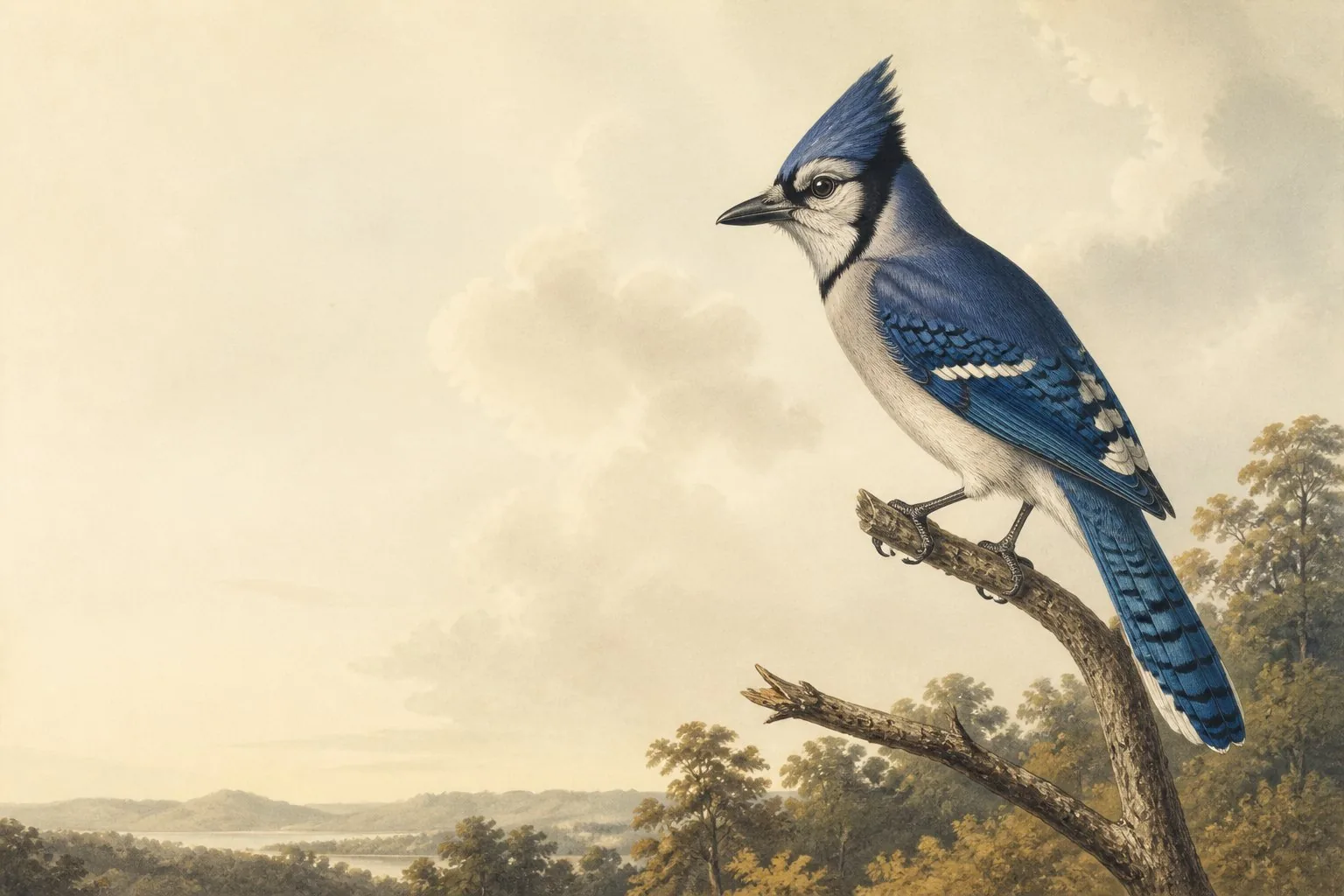 Male Blue Jay perched on a branch showing its bold blue, white, and black plumage with raised crest