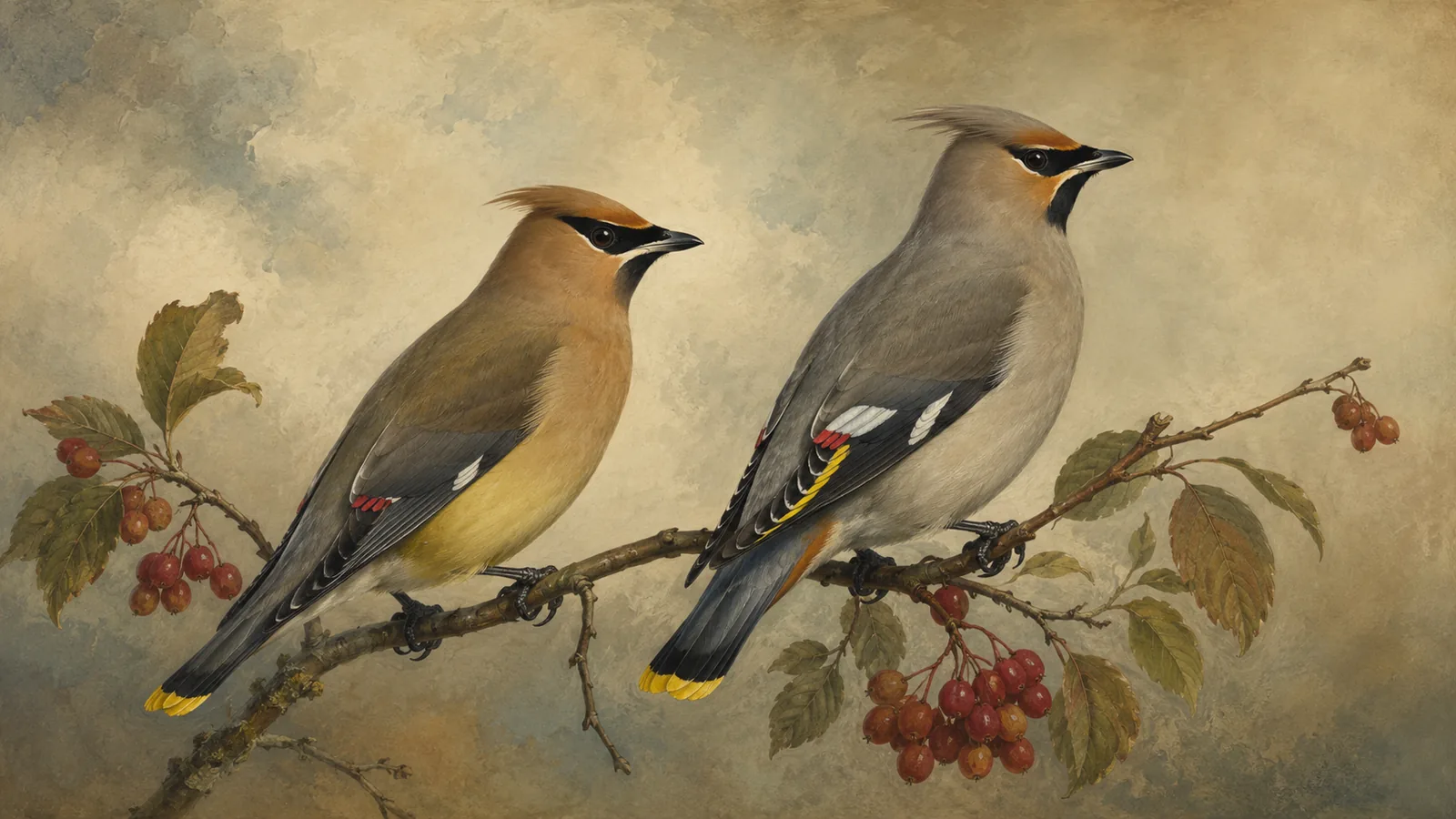 Cedar Waxwing perched on a branch showing the black mask, yellow tail band, and sleek brown plumage