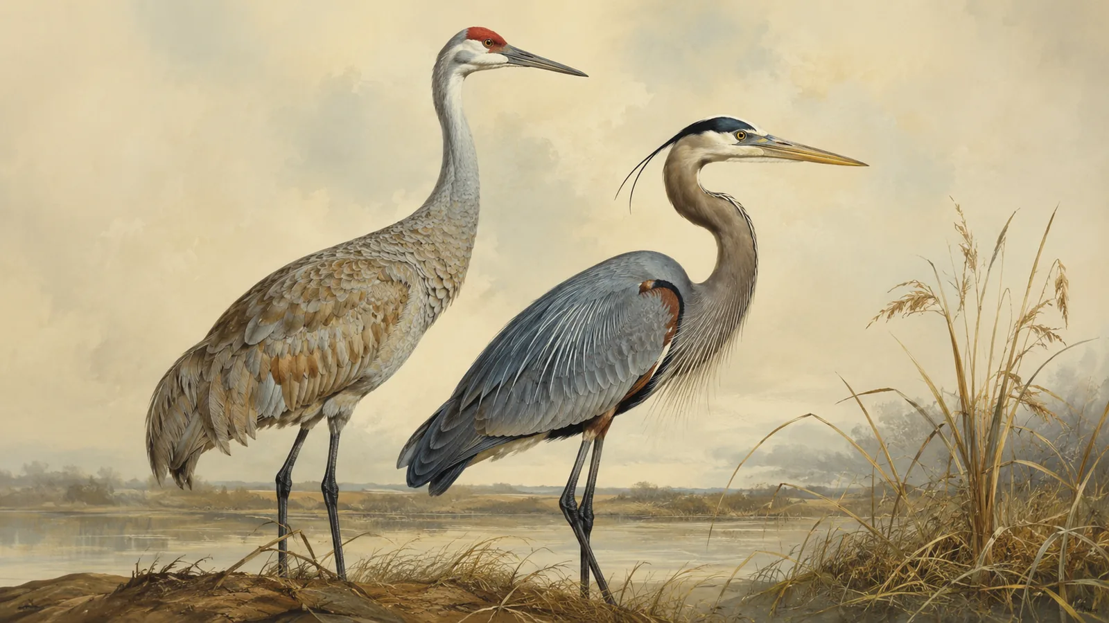 Sandhill Crane in flight over a Nebraska wetland, neck extended straight, wings bowed downward