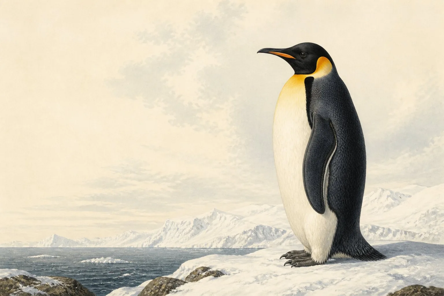 Gentoo Penguin colony lined up along a snow-covered Antarctic beach