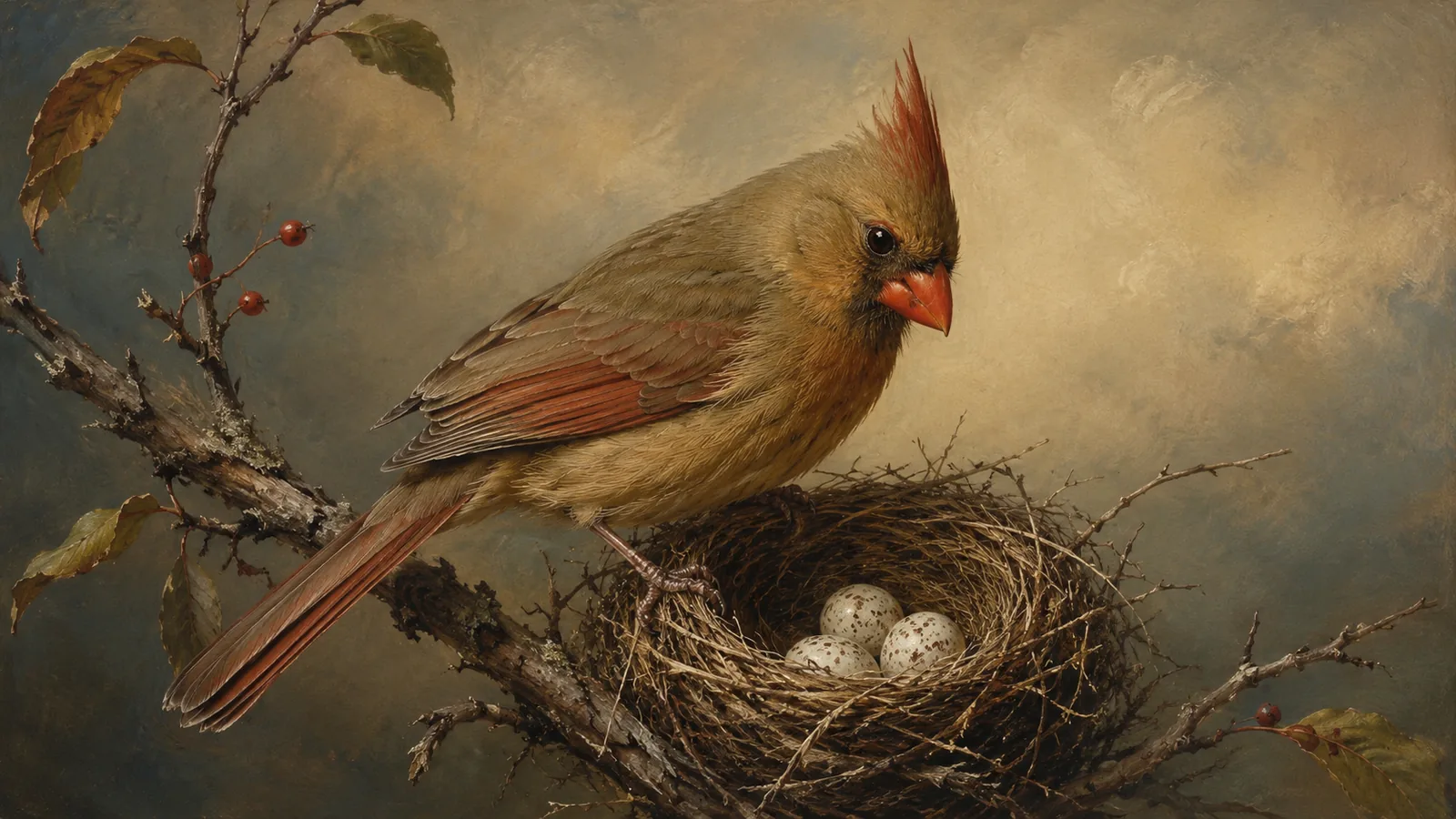 Three pale greenish-blue speckled Northern Cardinal eggs in a cup nest woven from dried grass and bark strips