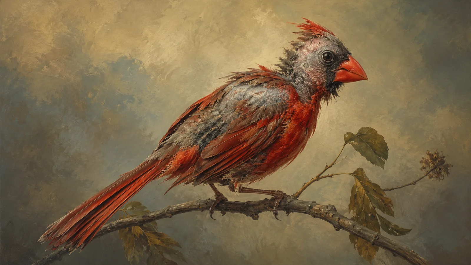 Bald-headed male Northern Cardinal at a sunflower feeder in late August, dark grey skin where the crest used to be