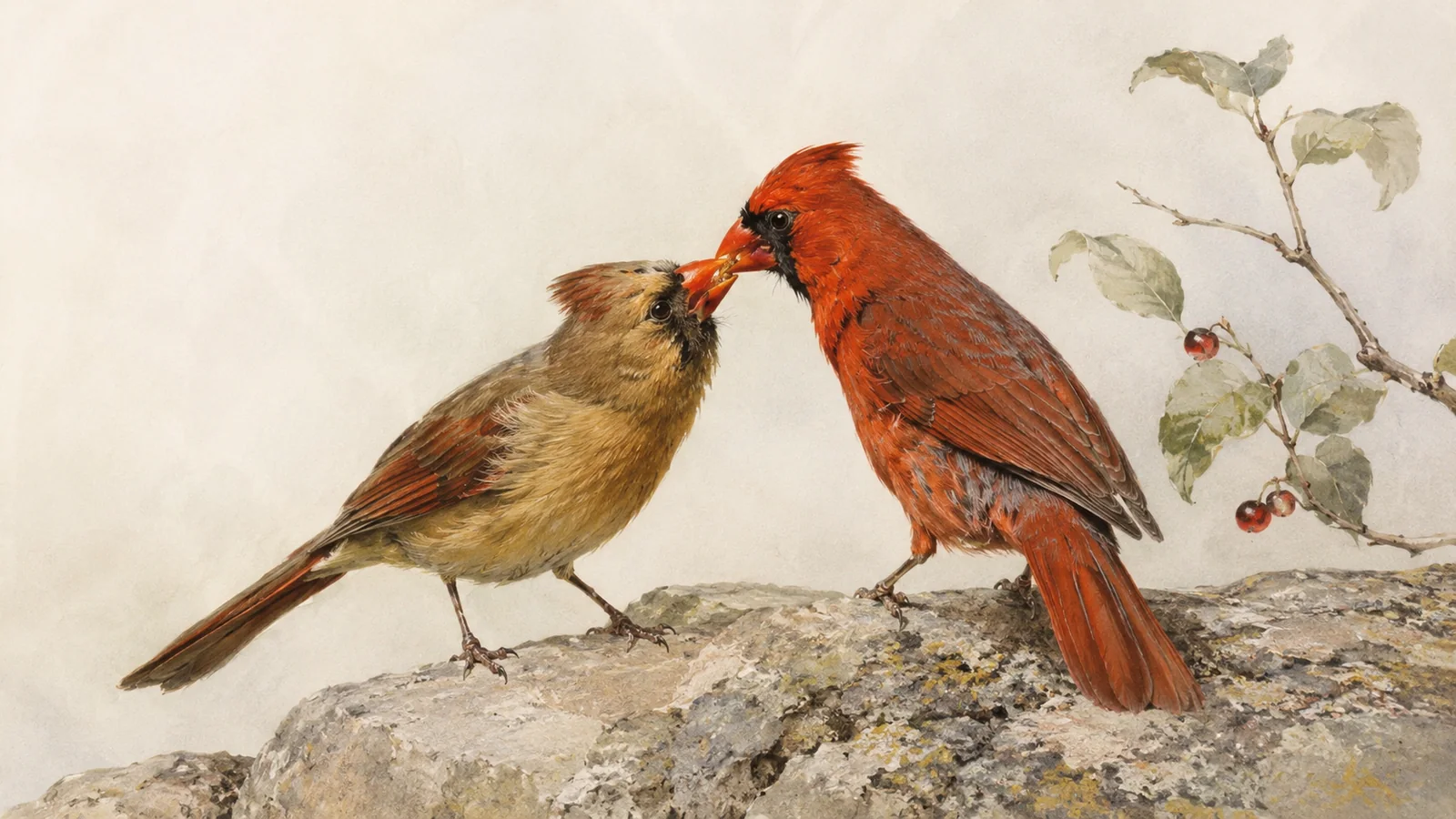 Male Northern Cardinal handing a sunflower seed directly to his mate's bill on a winter branch