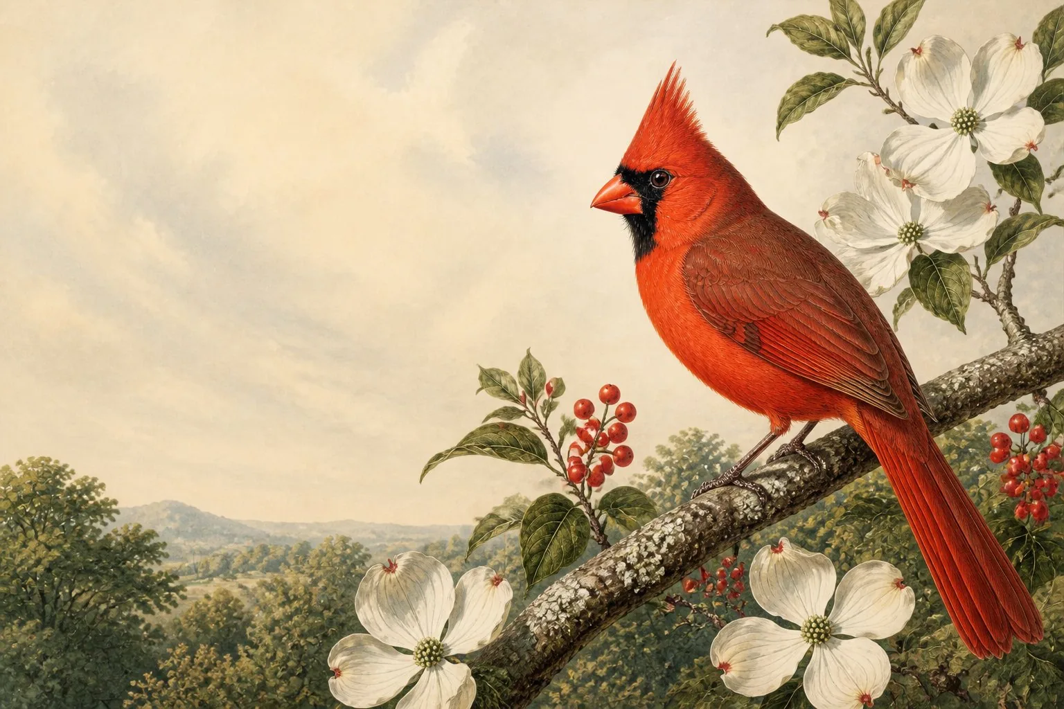 Male Northern Cardinal perched on a snow-dusted branch in midwinter, red plumage sharp against white