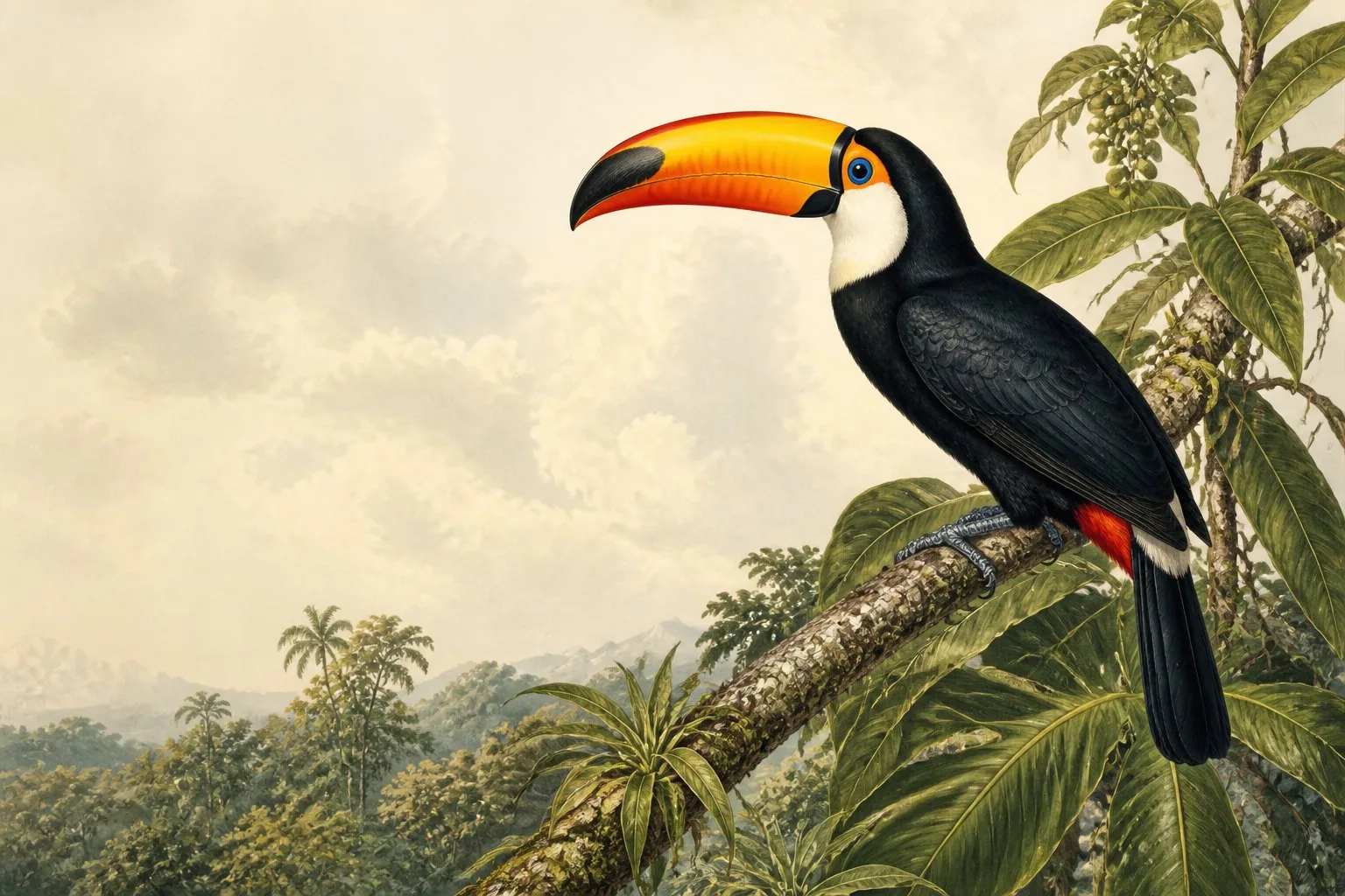 Blue-and-gold macaw perched on a branch in a South American forest, wings partially spread