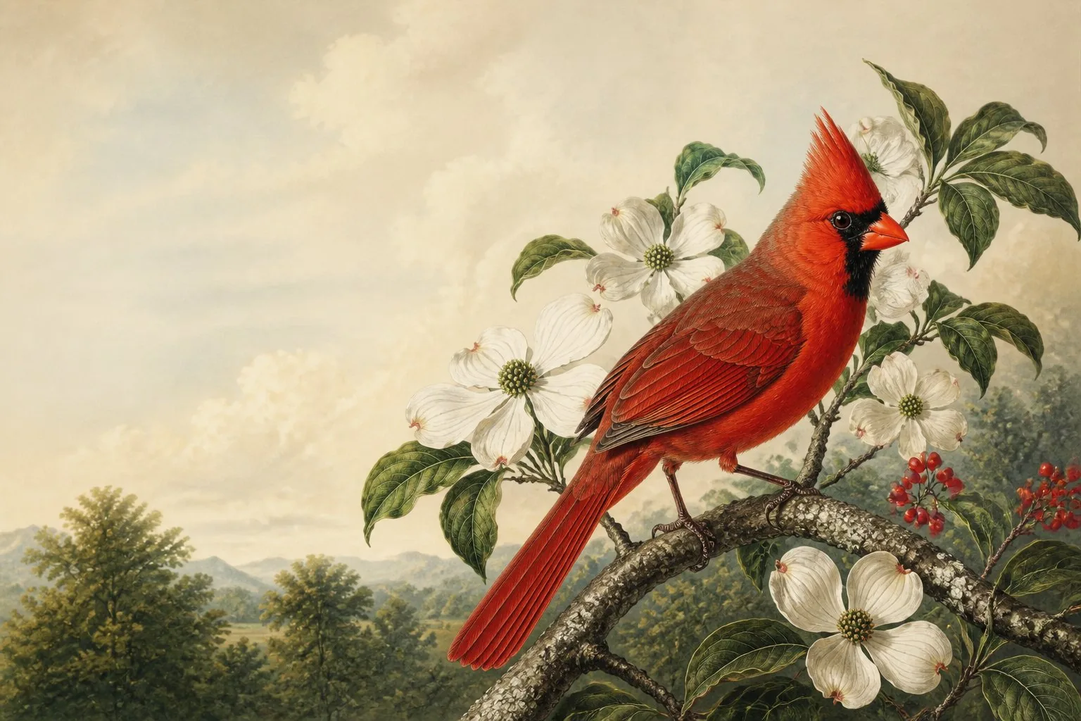 Male Northern Cardinal perched in winter light, red plumage produced by dietary carotenoid pigments absorbed from berries and fruit