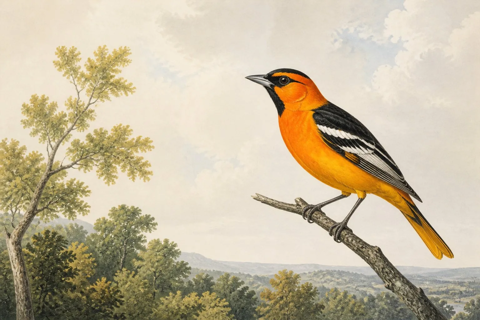Male Baltimore Oriole perched on a flowering branch in a New Jersey backyard in May, flame-orange plumage against new green leaves