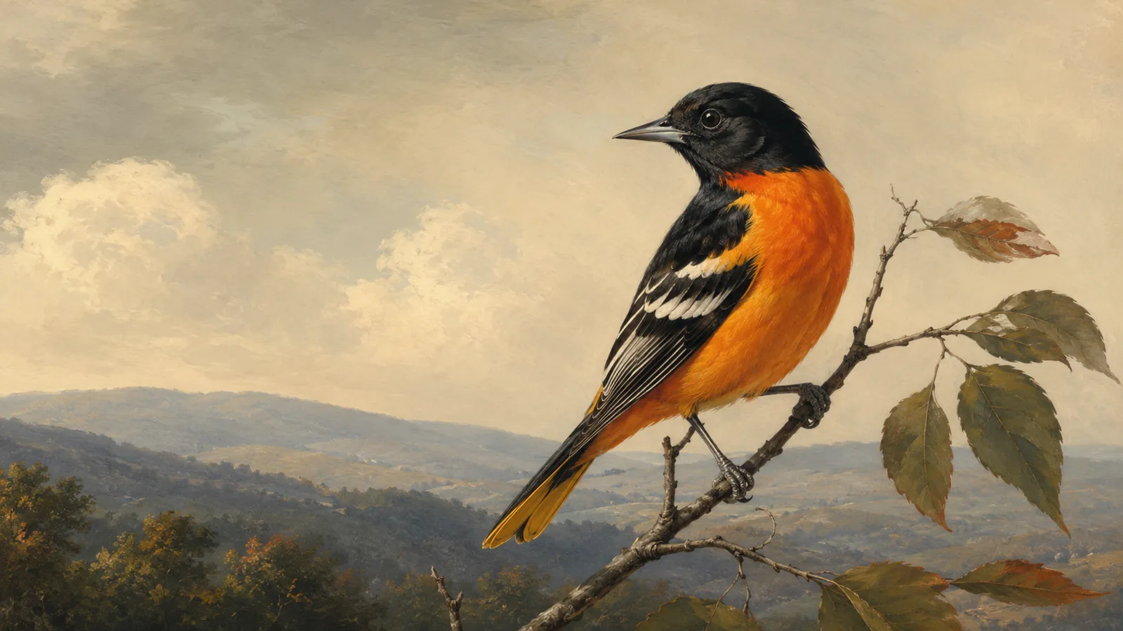Adult male Baltimore Oriole perched on a branch in a Pennsylvania deciduous woodland in late spring