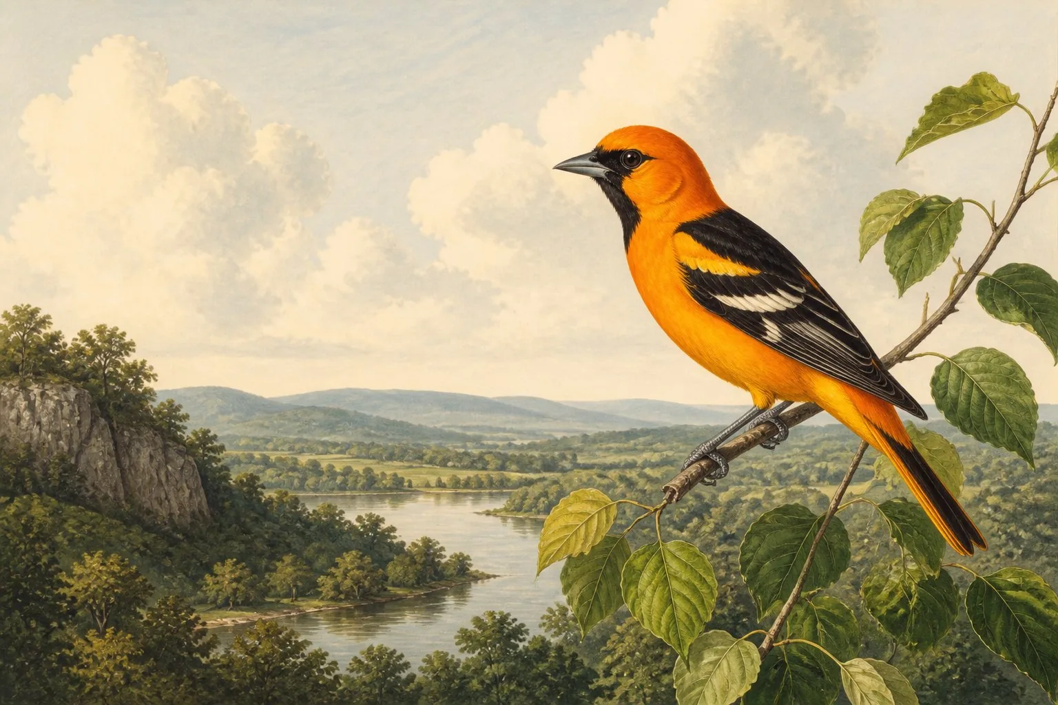 Male Baltimore Oriole perched on a flowering elm branch in open Virginia woodland, bright orange breast and black wings visible