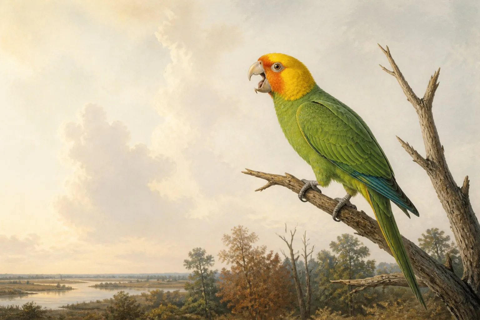 Green parrot perched on a cage bar mid-call, beak open wide, bright morning light