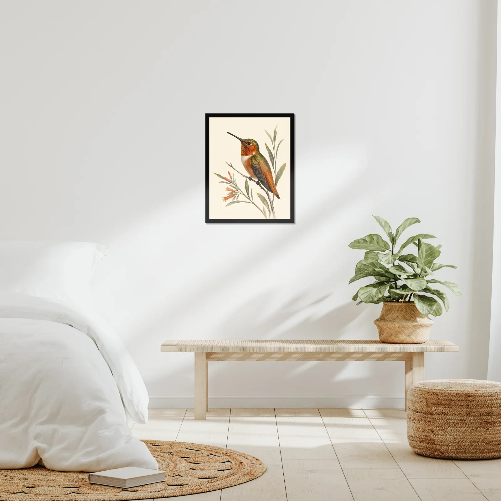 Allen's Hummingbird Print framed at 16x20 inches, shown on a wall to scale