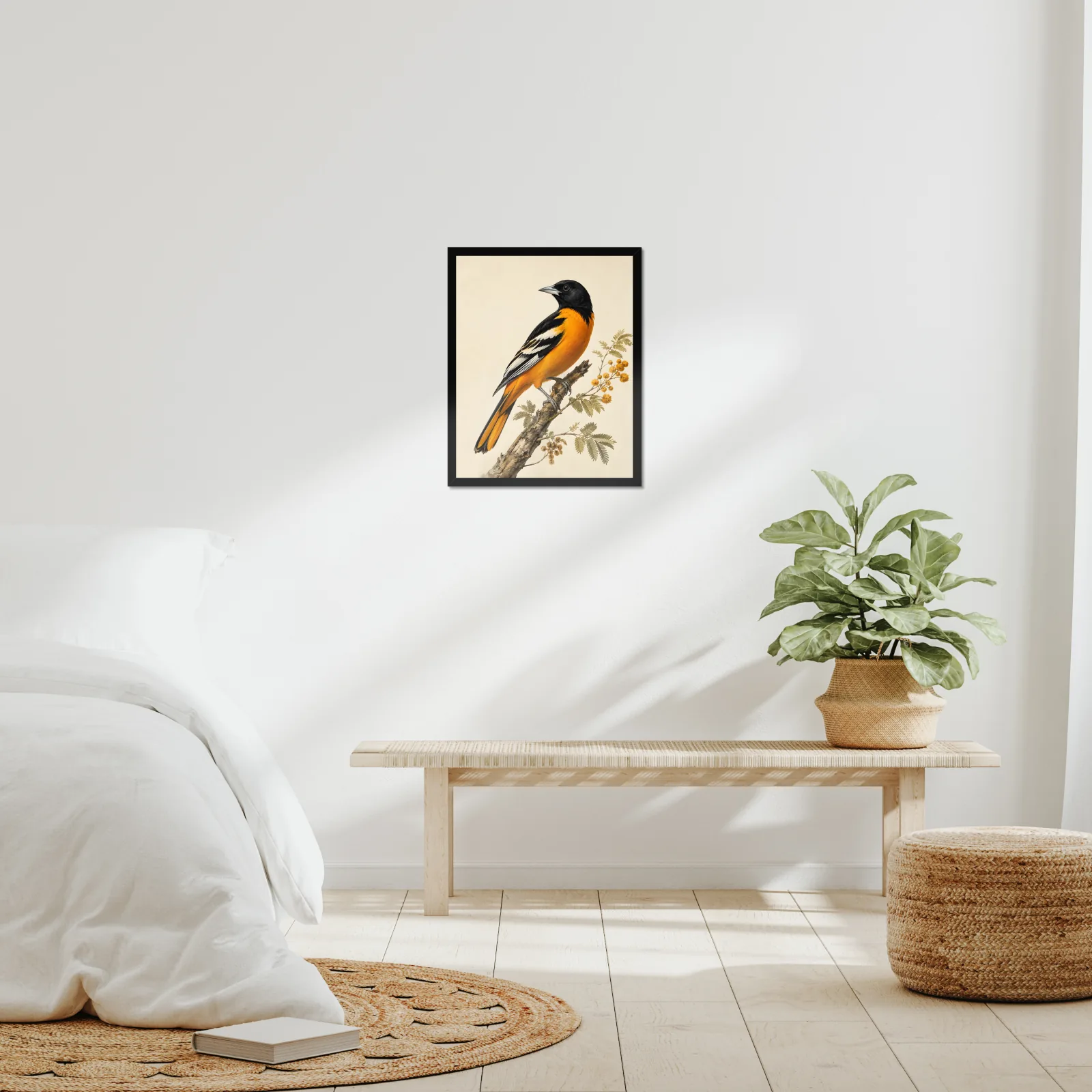 Altamira Oriole Print framed at 16x20 inches, shown on a wall to scale