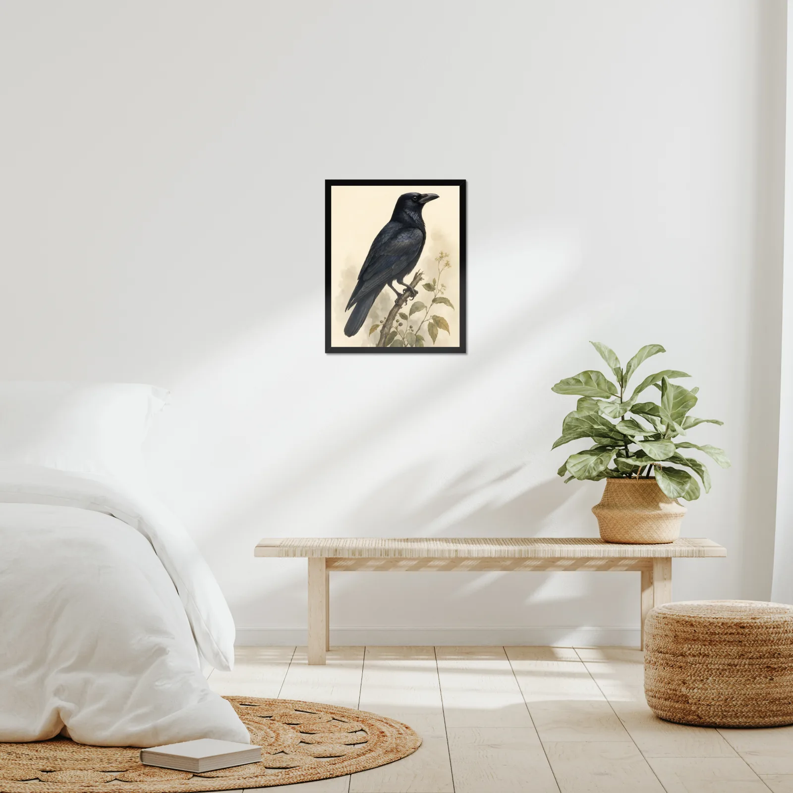 American Crow Print framed at 16x20 inches, shown on a wall to scale