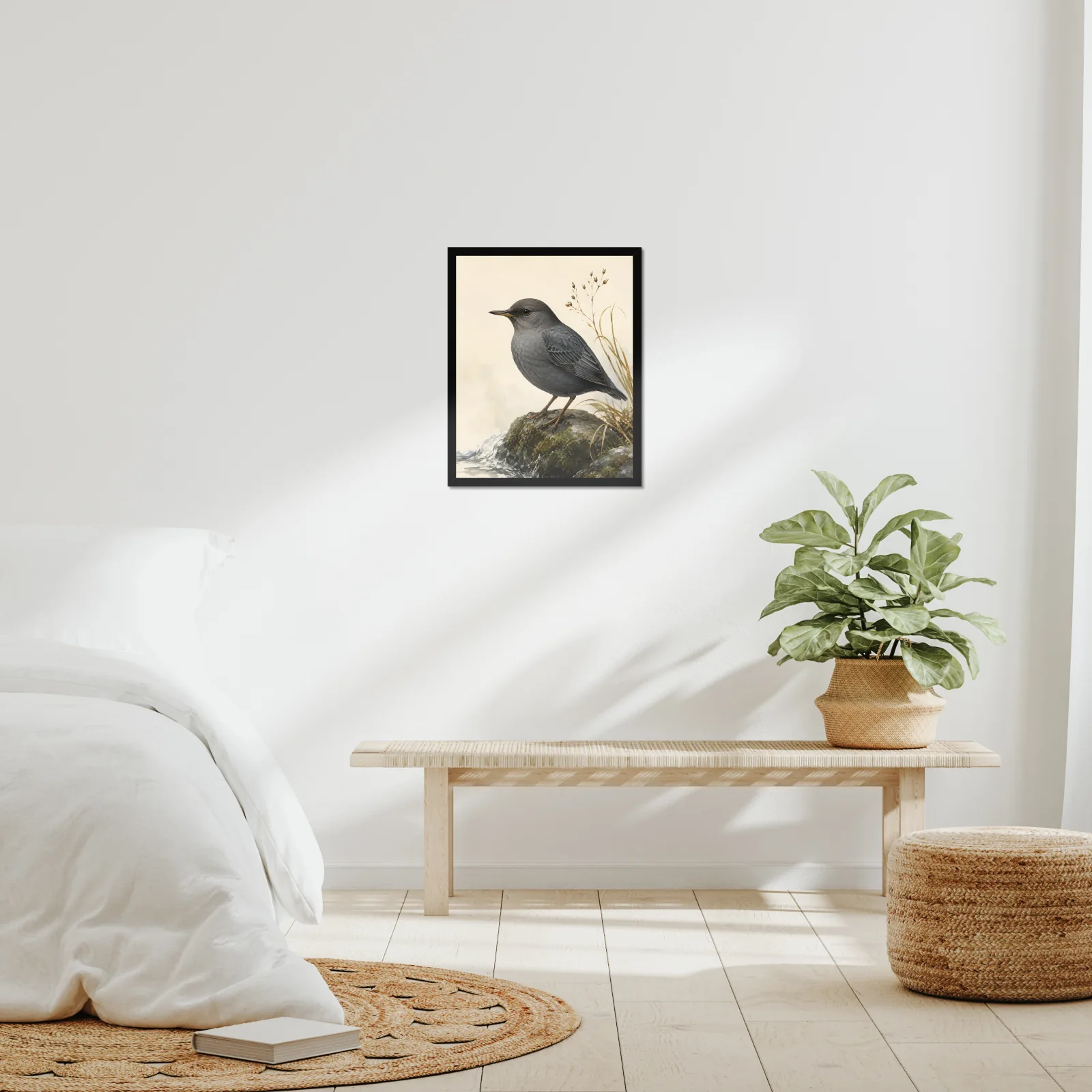 American Dipper Print framed at 16x20 inches, shown on a wall to scale