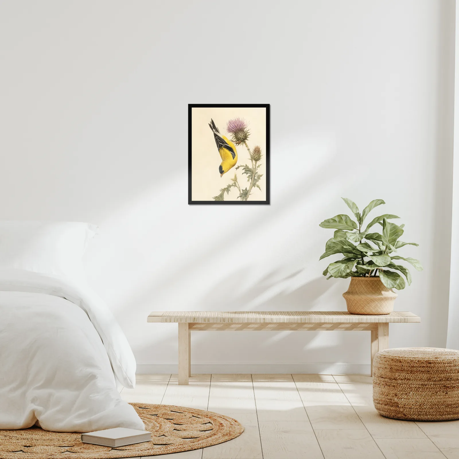 American Goldfinch Print framed at 16x20 inches, shown on a wall to scale