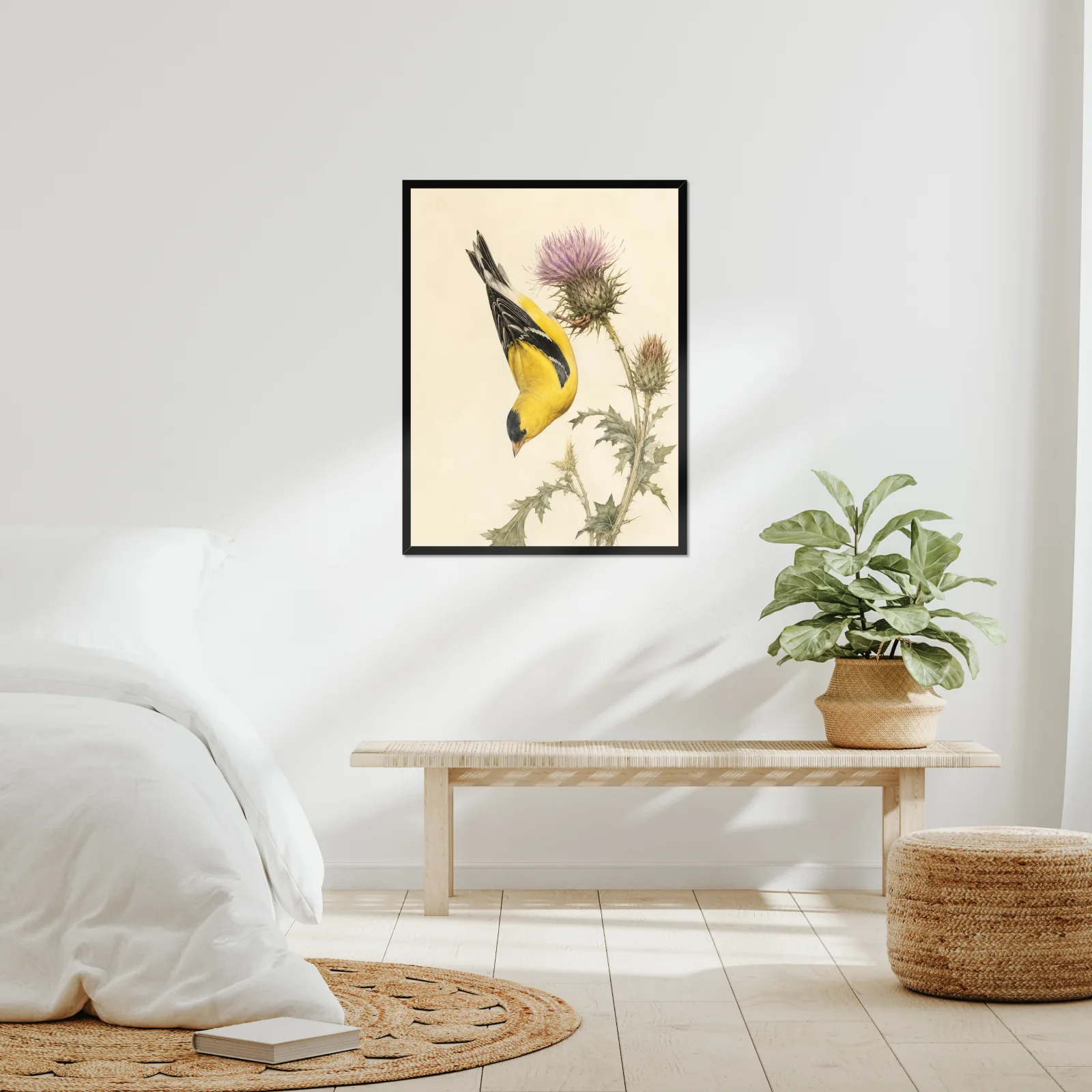 American Goldfinch Print framed at 24x30 inches, shown on a wall to scale