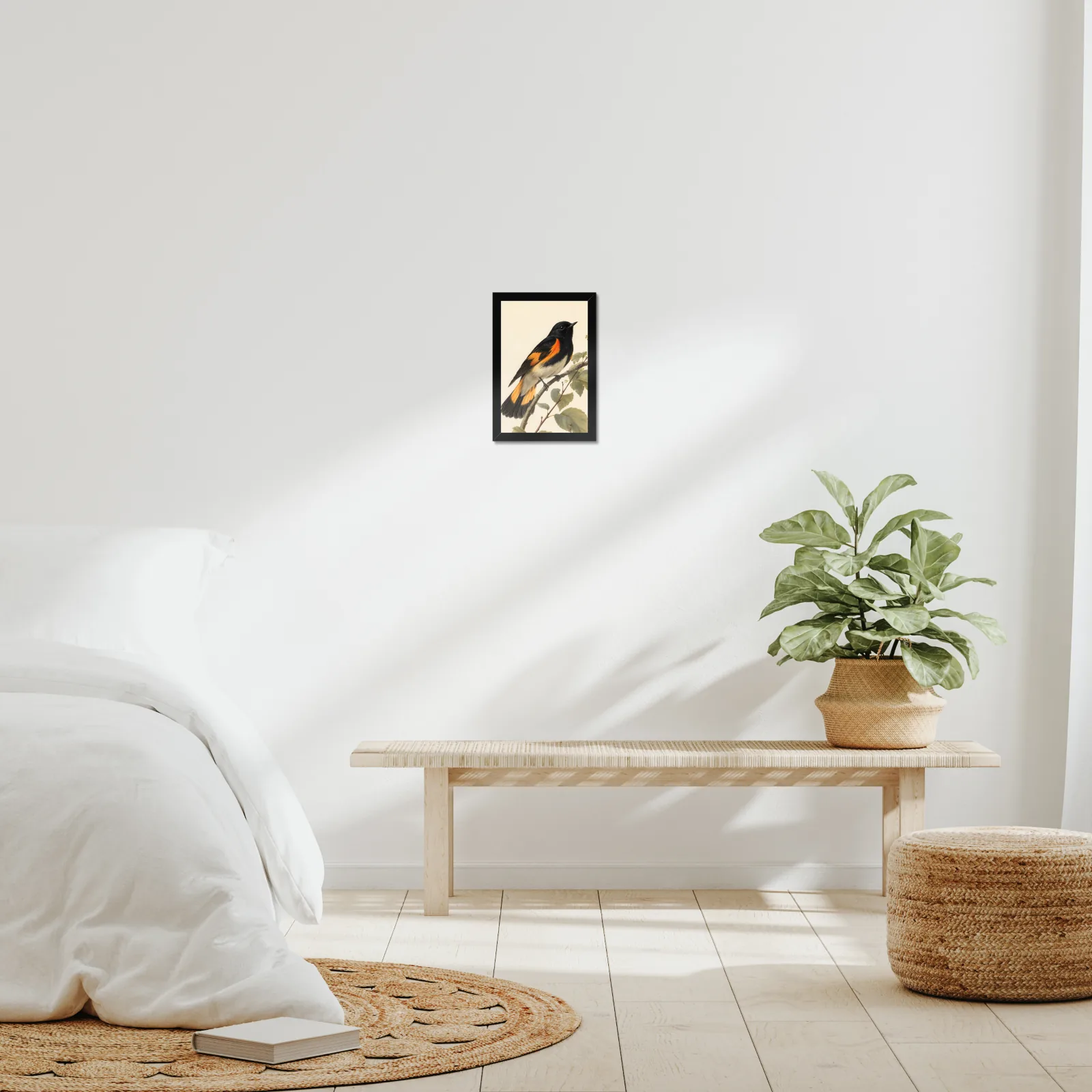 American Redstart Print framed at 8x10 inches, shown on a wall to scale