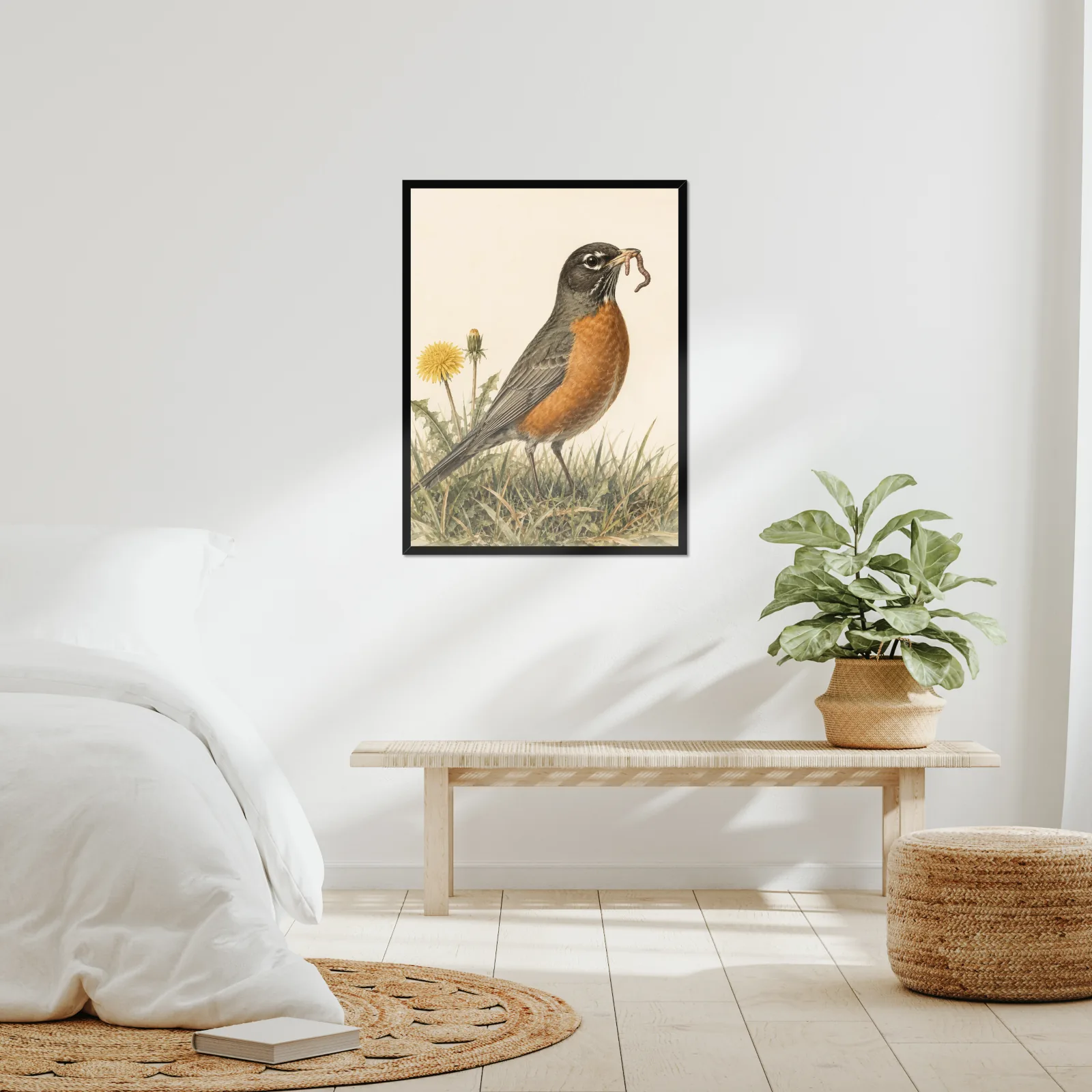 American Robin Print framed at 24x30 inches, shown on a wall to scale