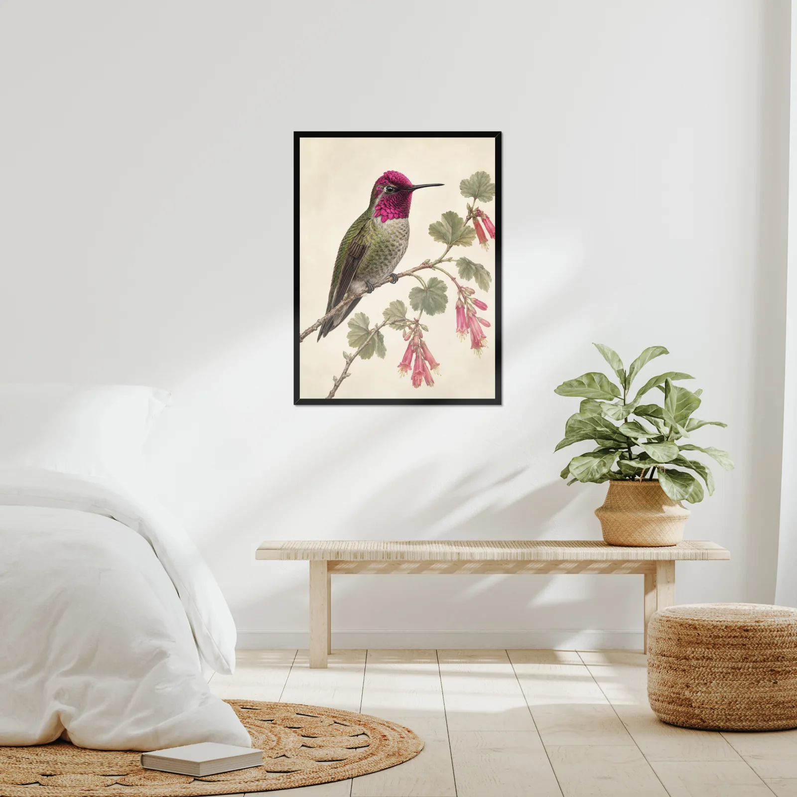 Anna's Hummingbird Print framed at 24x30 inches, shown on a wall to scale