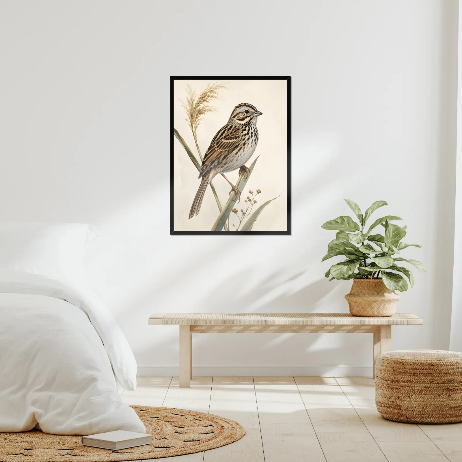 Baird's Sparrow Print framed at 24x30 inches, shown on a wall to scale
