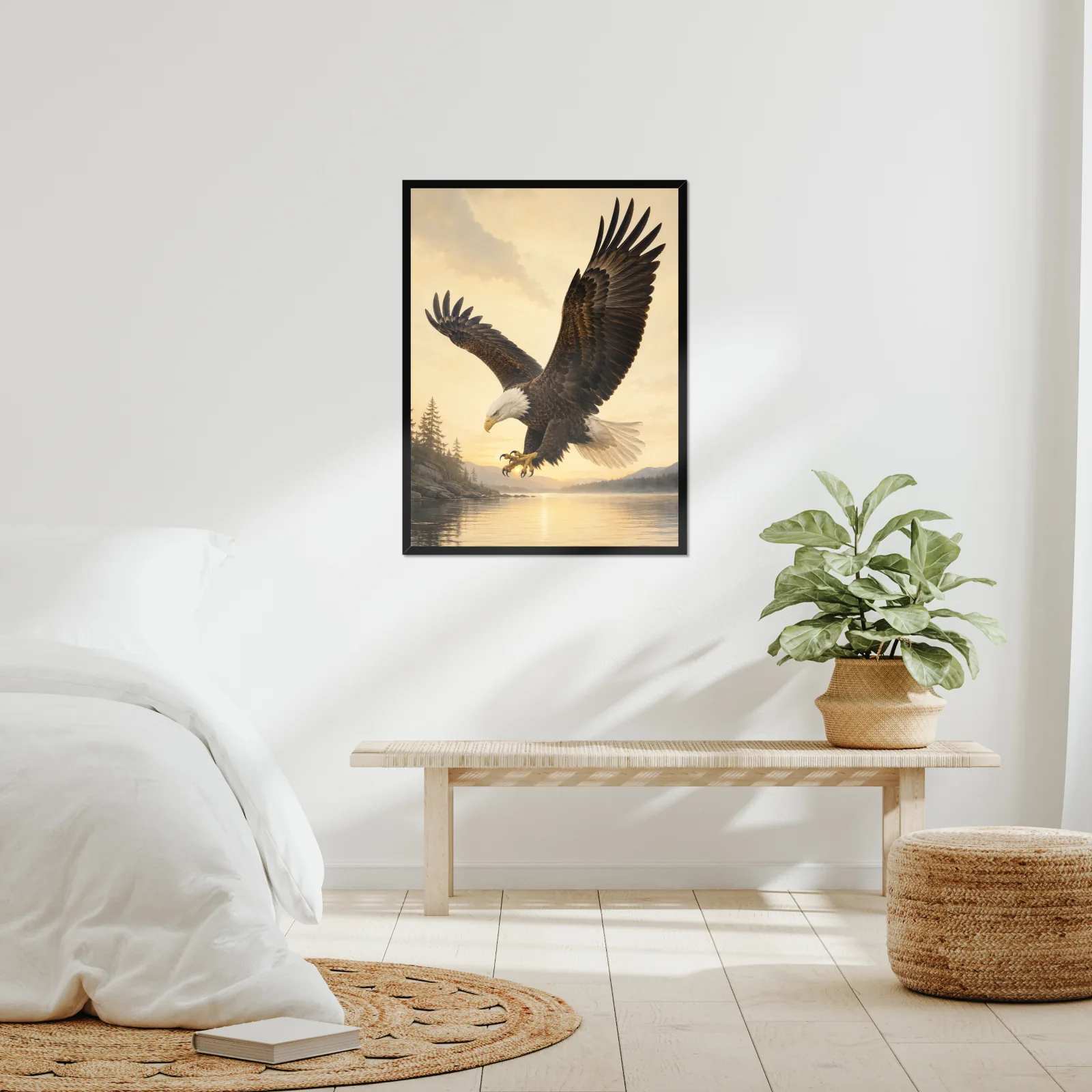 Bald Eagle Print - In Flight framed at 24x30 inches, shown on a wall to scale