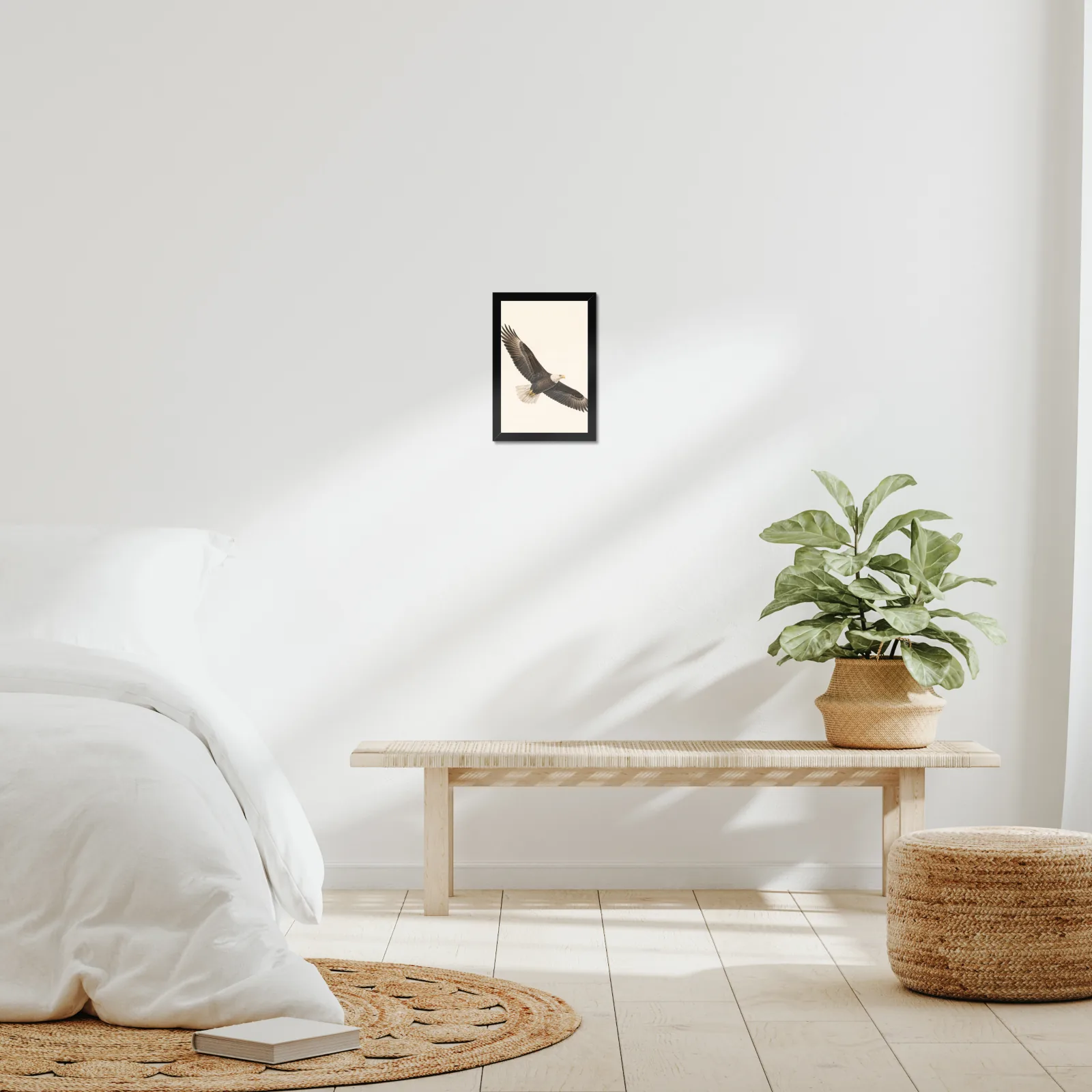 Bald Eagle Print - In Flight framed at 8x10 inches, shown on a wall to scale