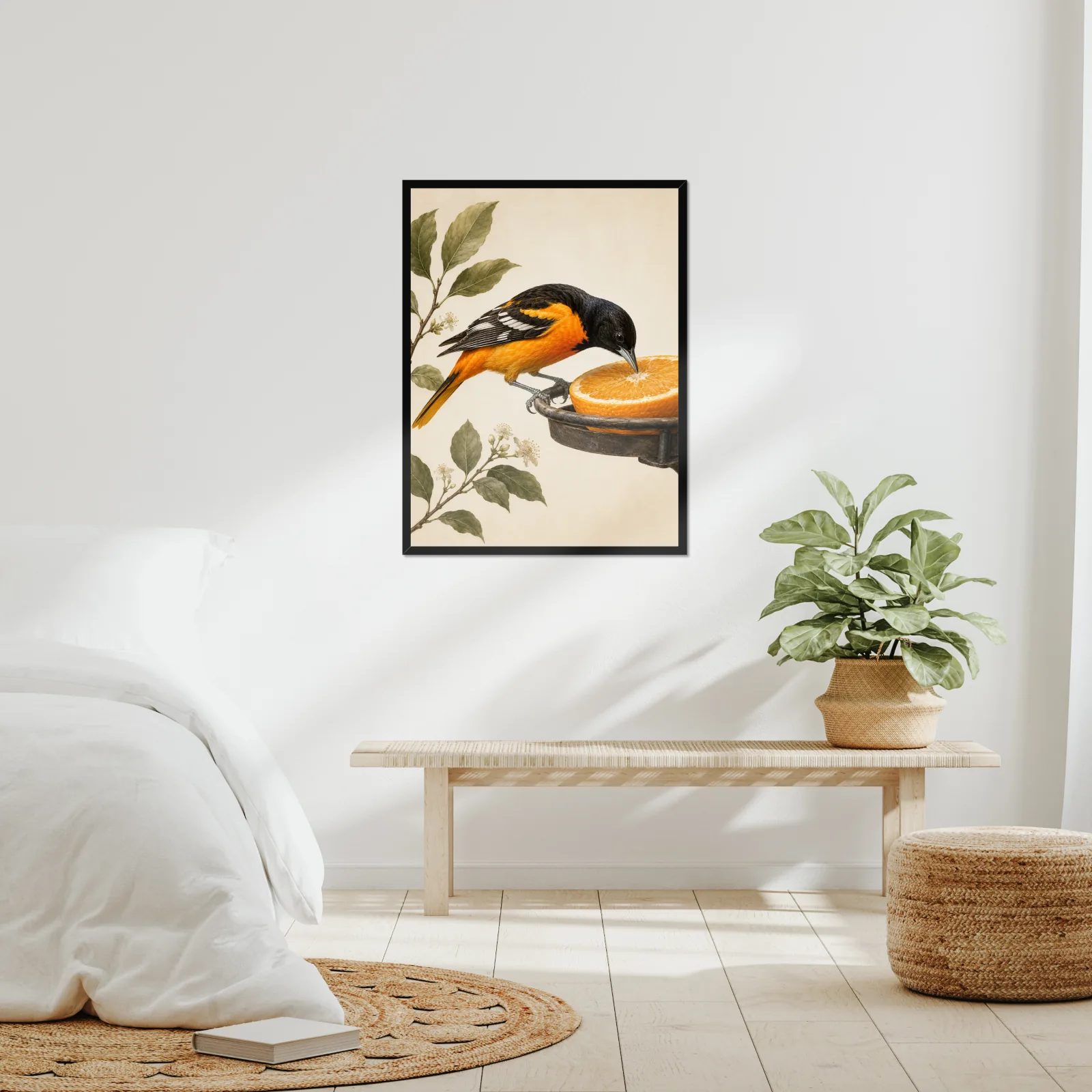 Baltimore Oriole Print framed at 24x30 inches, shown on a wall to scale