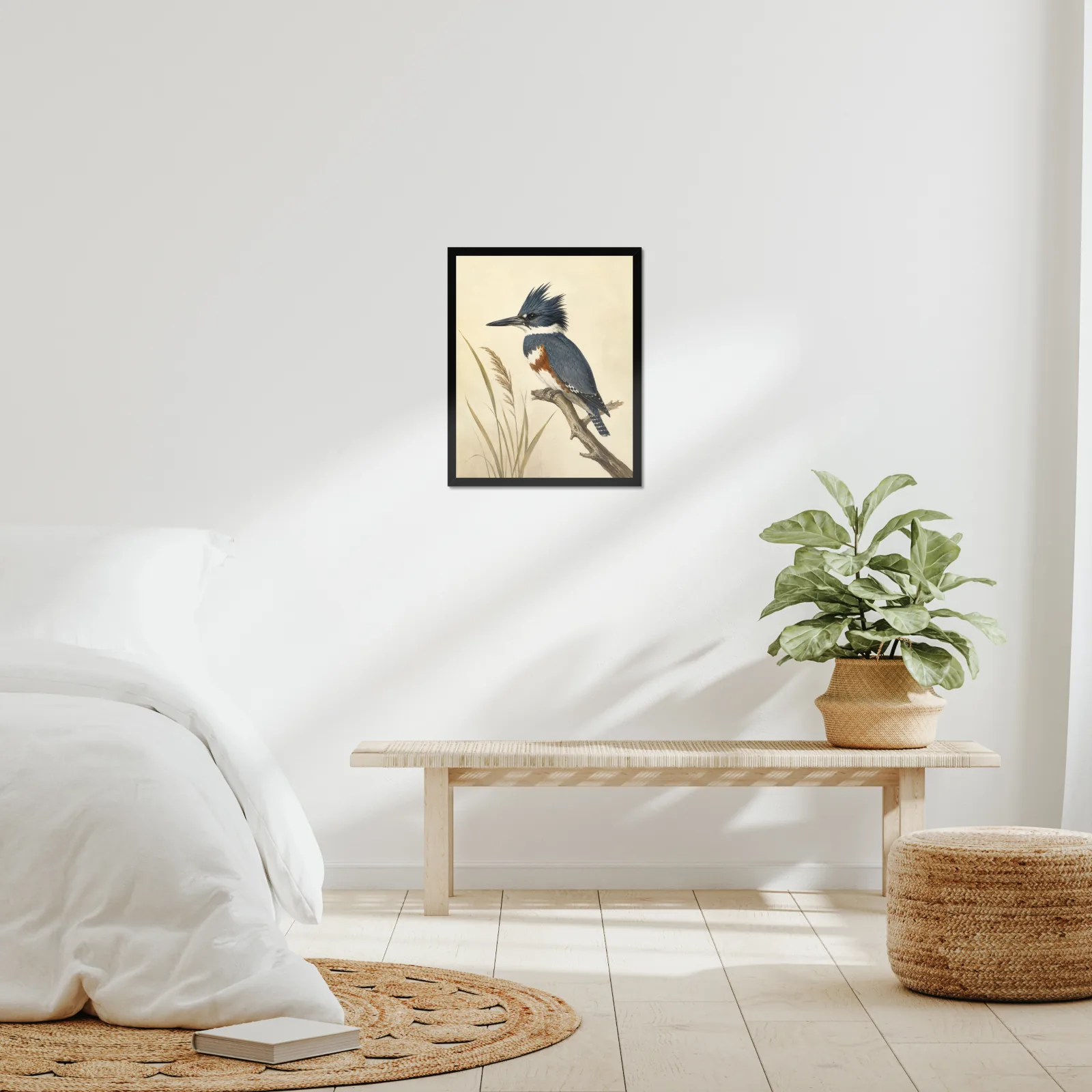 Belted Kingfisher Print framed at 16x20 inches, shown on a wall to scale