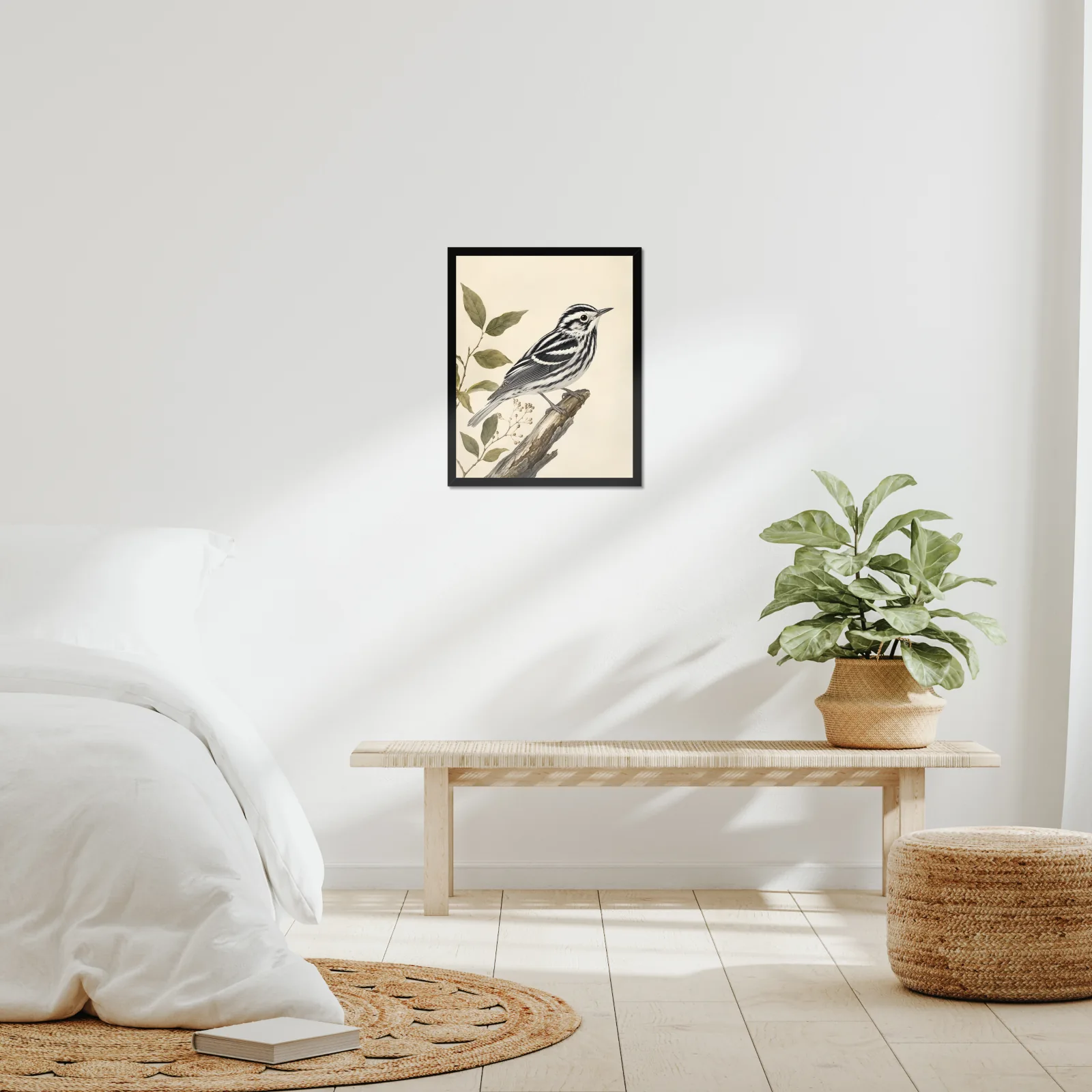 Black-and-white Warbler Print framed at 16x20 inches, shown on a wall to scale