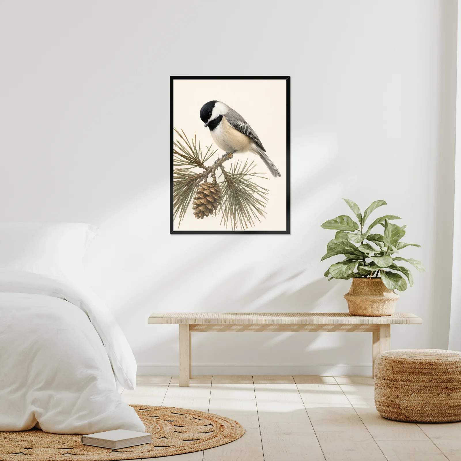 Black-capped Chickadee Print - On Pine framed at 24x30 inches, shown on a wall to scale