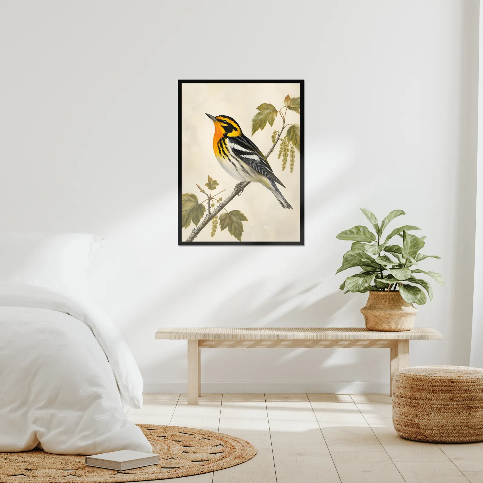 Blackburnian Warbler Print framed at 24x30 inches, shown on a wall to scale