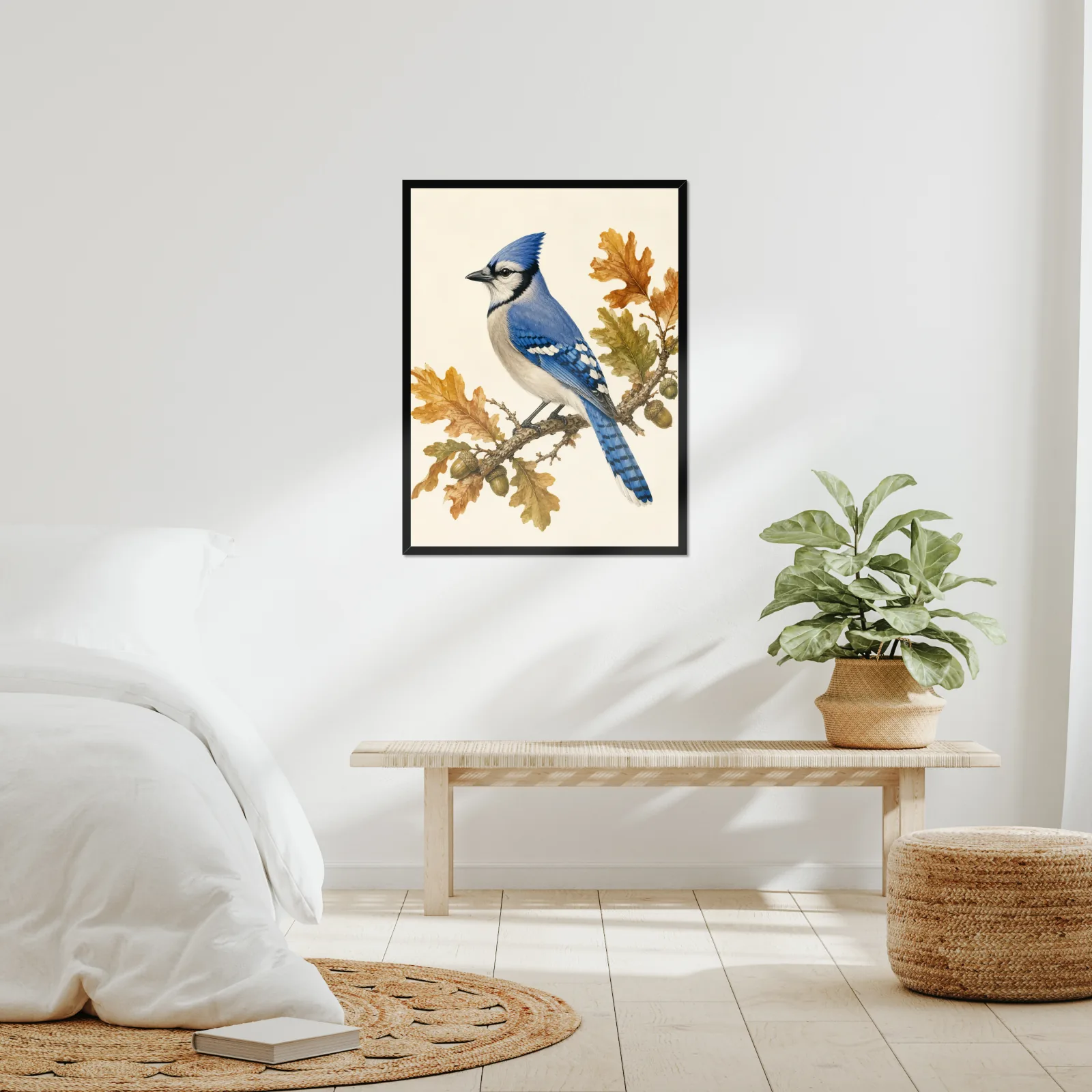 Blue Jay Print on Autumn Oak framed at 24x30 inches, shown on a wall to scale