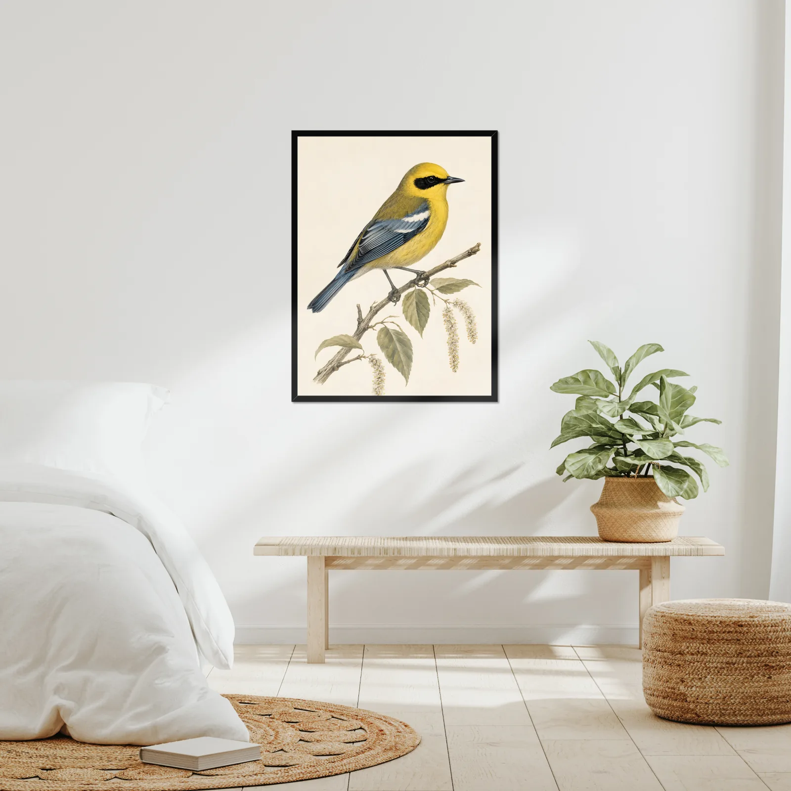 Blue-winged Warbler Print framed at 24x30 inches, shown on a wall to scale