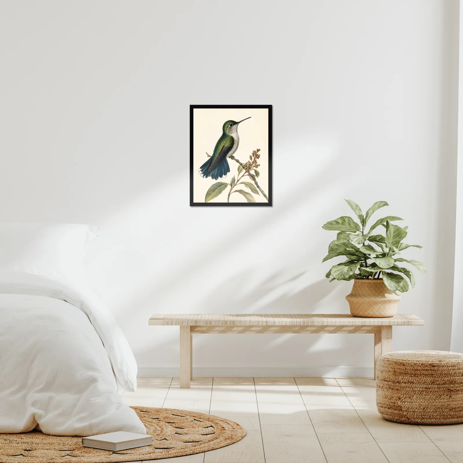 Broad-tailed Hummingbird Print framed at 16x20 inches, shown on a wall to scale