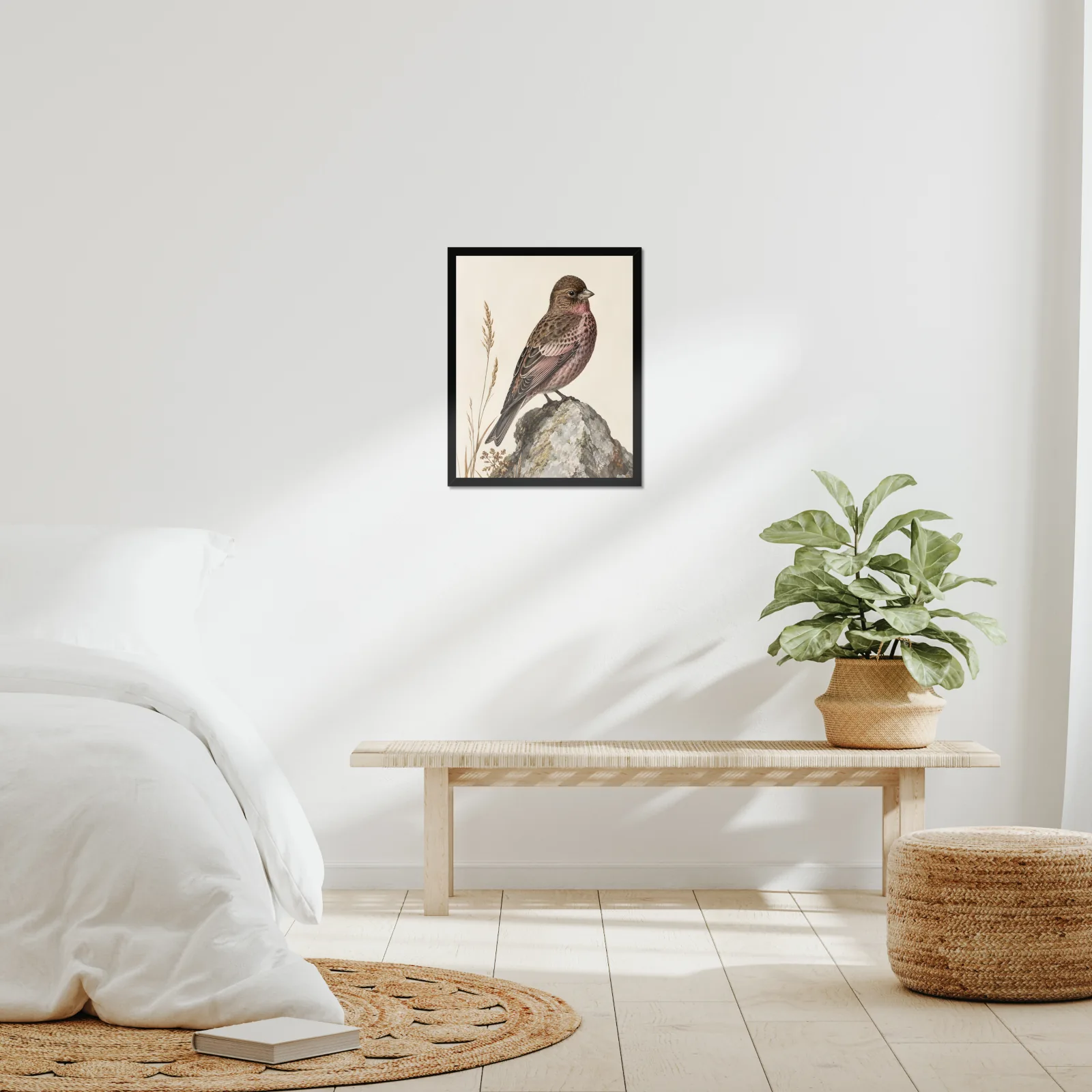Brown Capped Rosy Finch Print framed at 16x20 inches, shown on a wall to scale