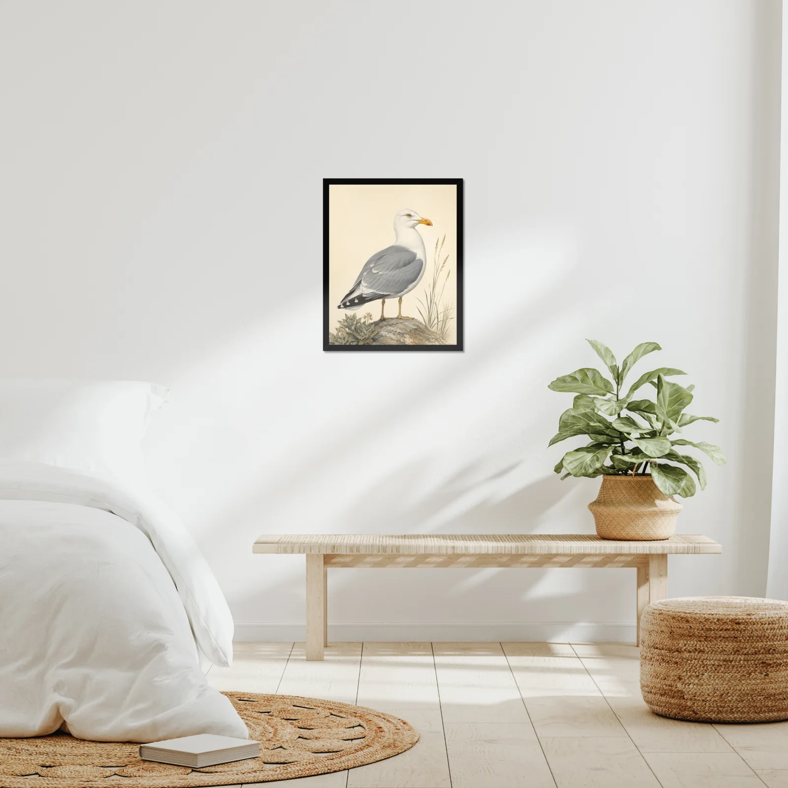 California Gull Print framed at 16x20 inches, shown on a wall to scale