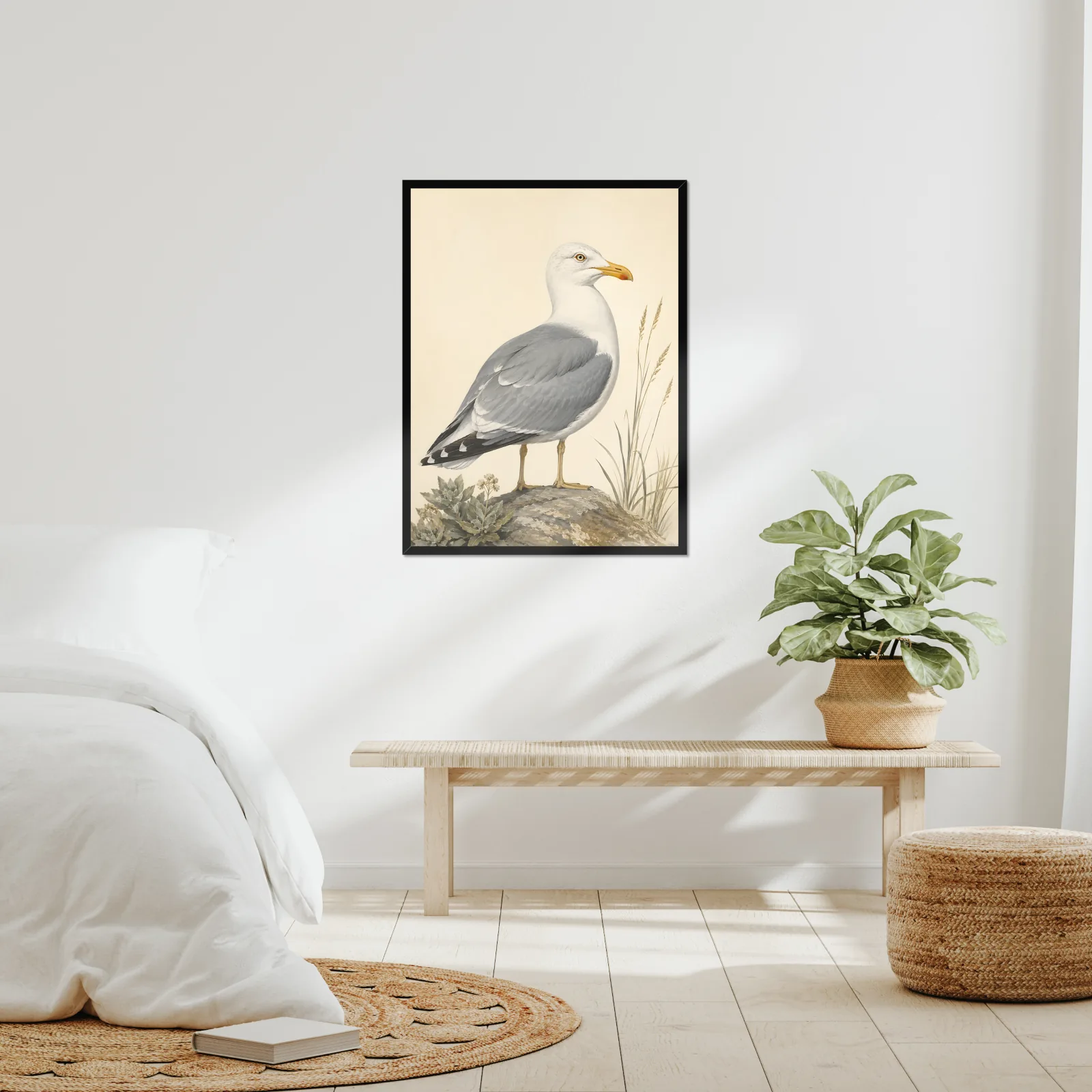 California Gull Print framed at 24x30 inches, shown on a wall to scale