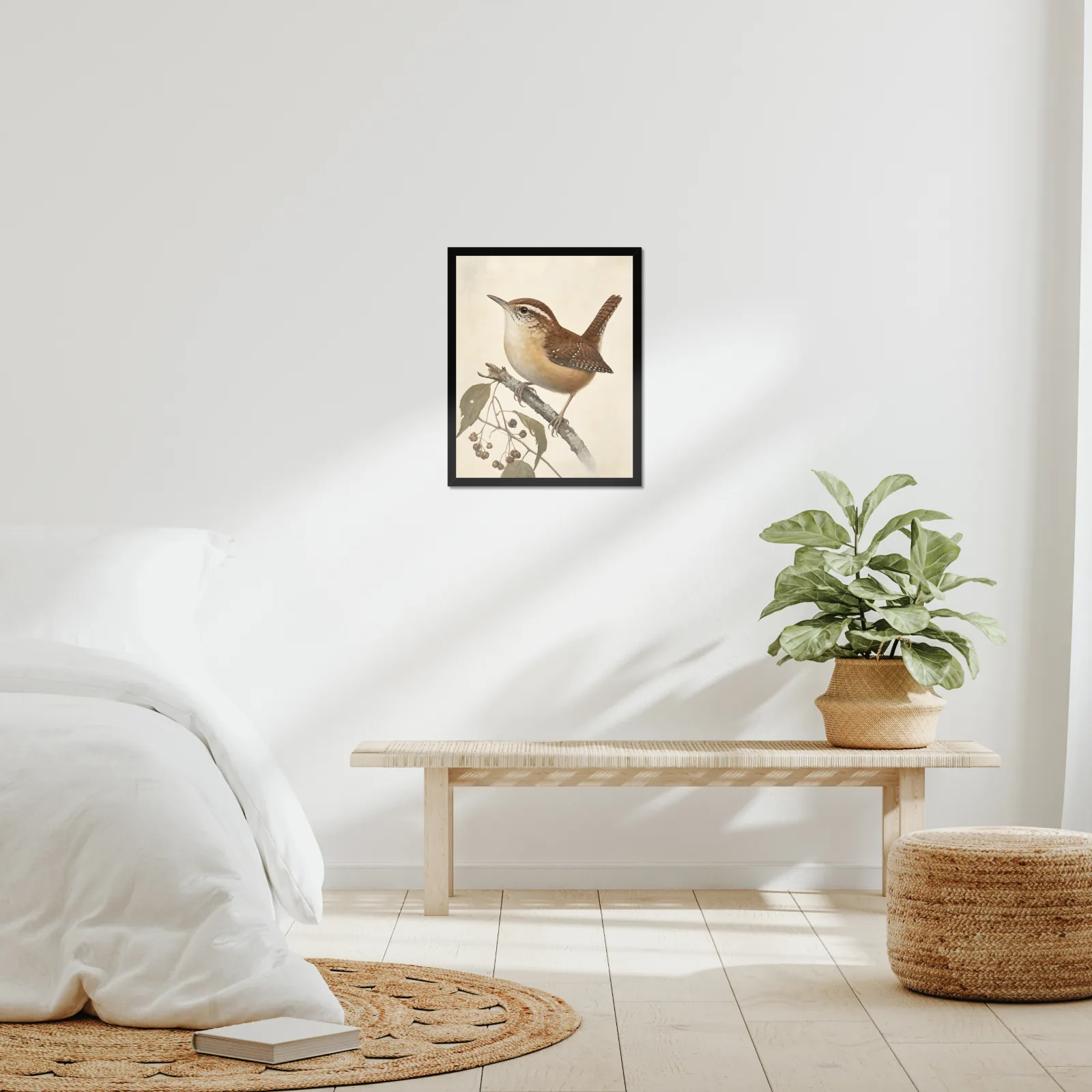 Carolina Wren Print framed at 16x20 inches, shown on a wall to scale