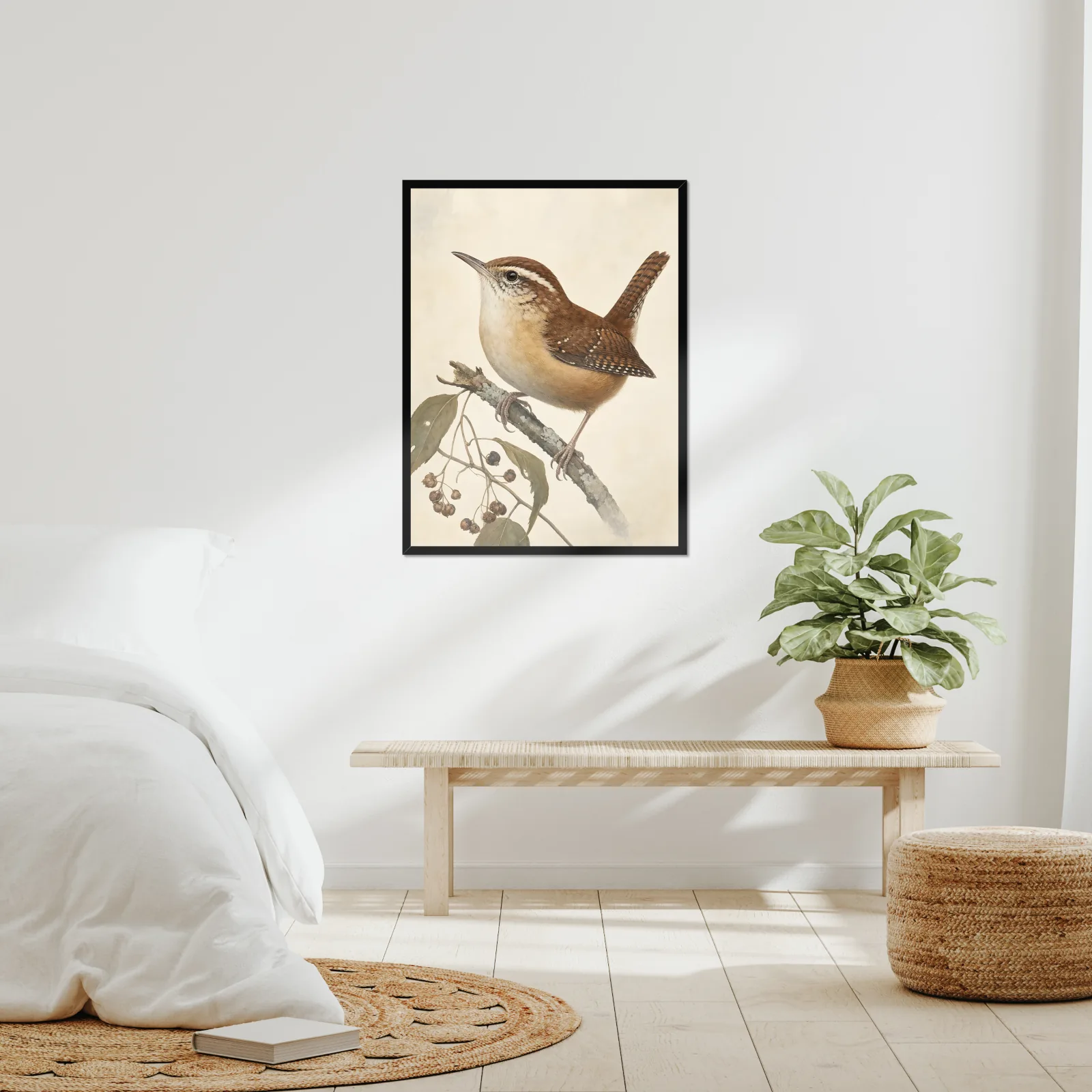 Carolina Wren Print framed at 24x30 inches, shown on a wall to scale