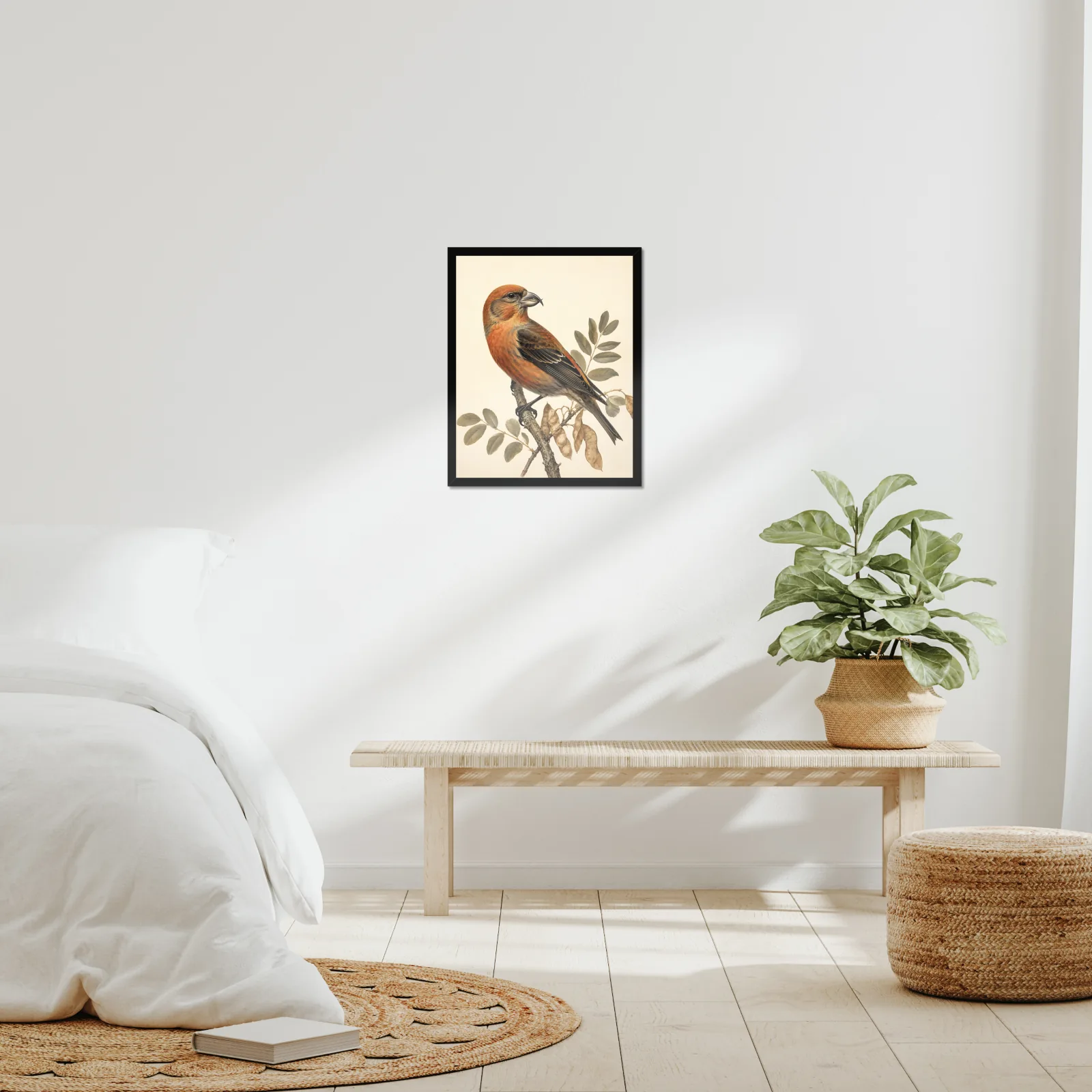 Cassia Crossbill Print framed at 16x20 inches, shown on a wall to scale