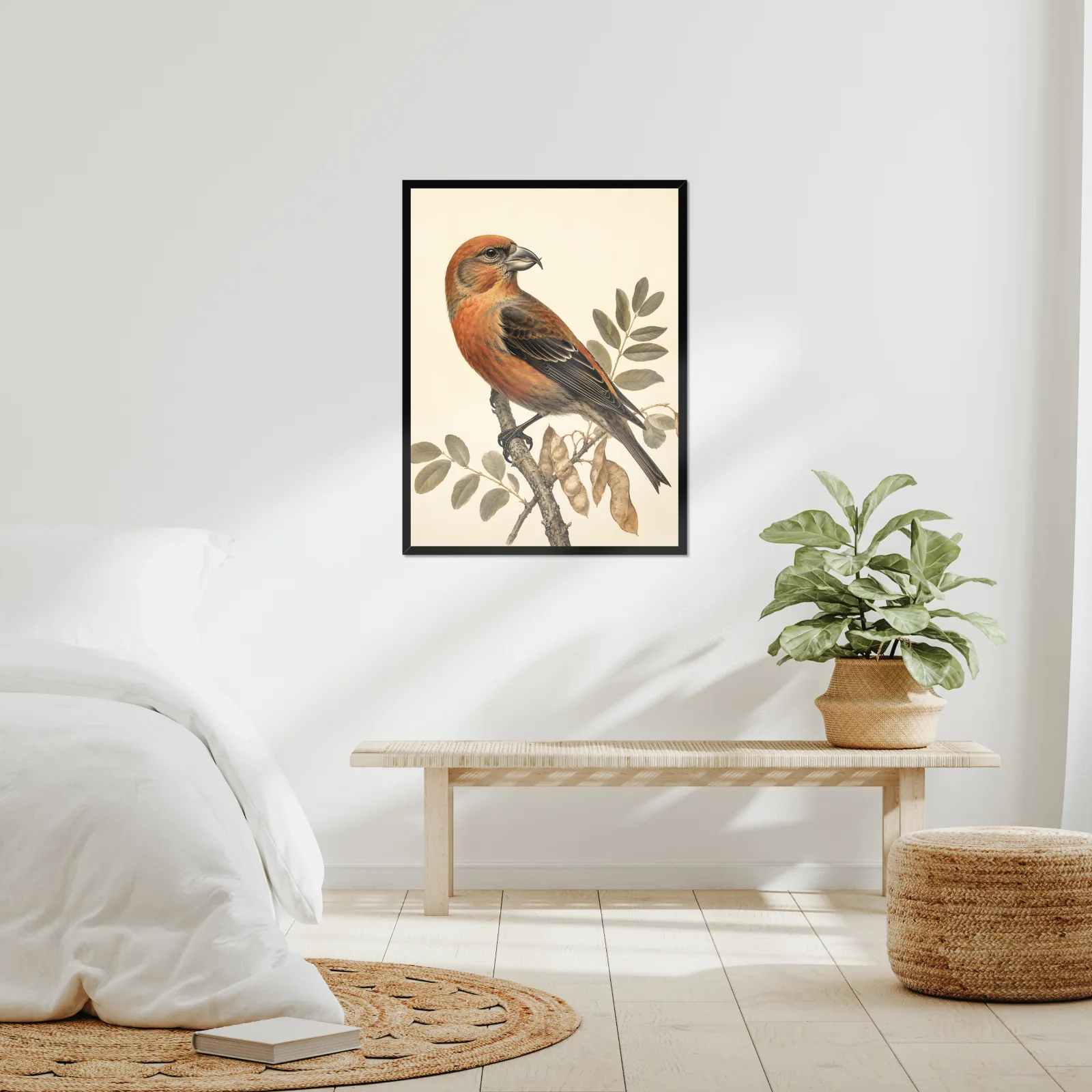 Cassia Crossbill Print framed at 24x30 inches, shown on a wall to scale
