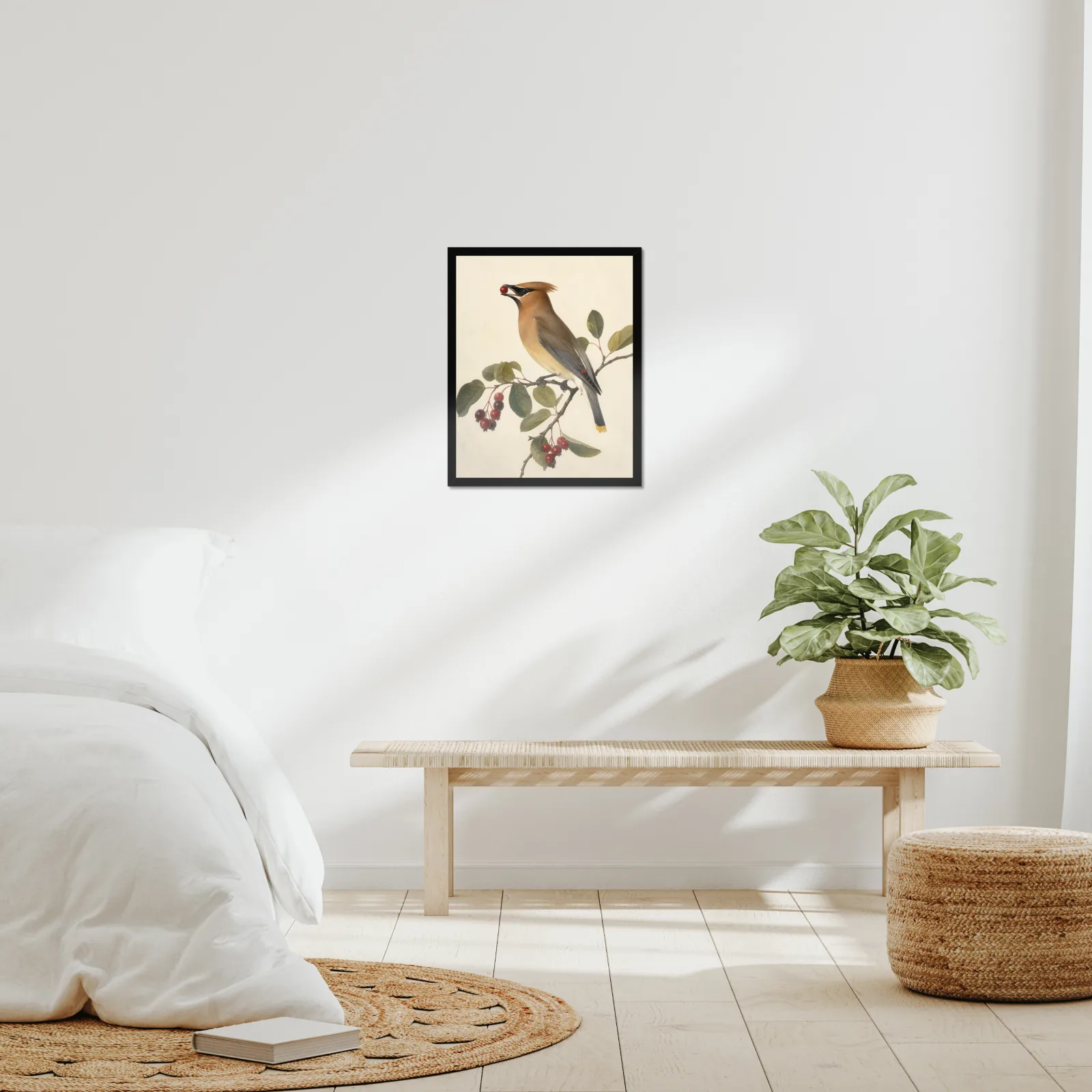 Cedar Waxwing Print - On Berry Branch framed at 16x20 inches, shown on a wall to scale