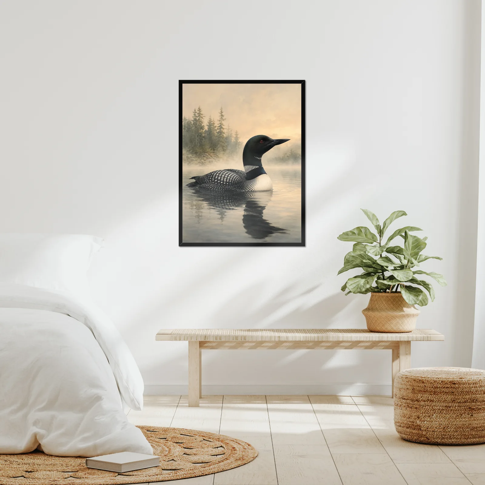 Common Loon Print framed at 24x30 inches, shown on a wall to scale