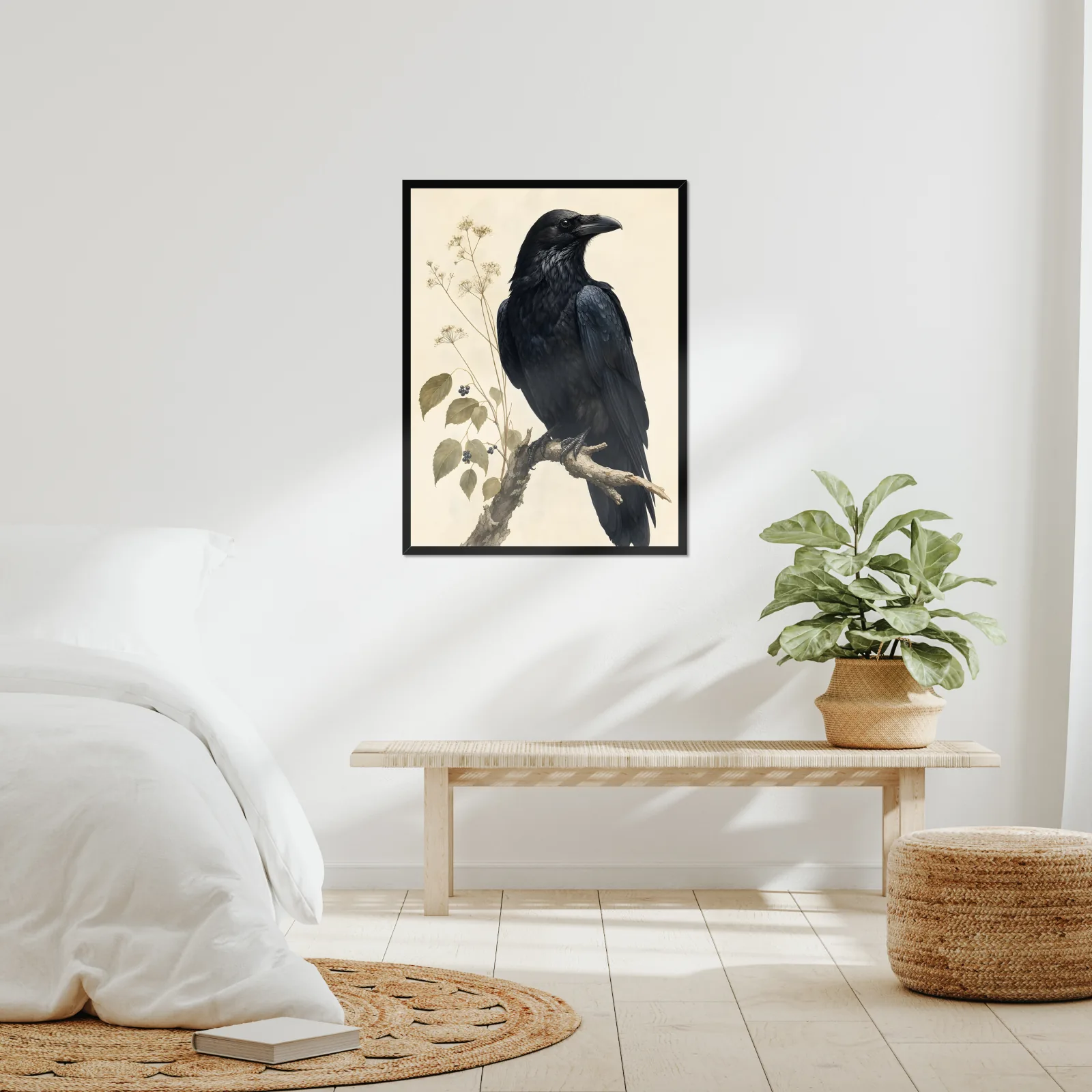 Common Raven Print framed at 24x30 inches, shown on a wall to scale