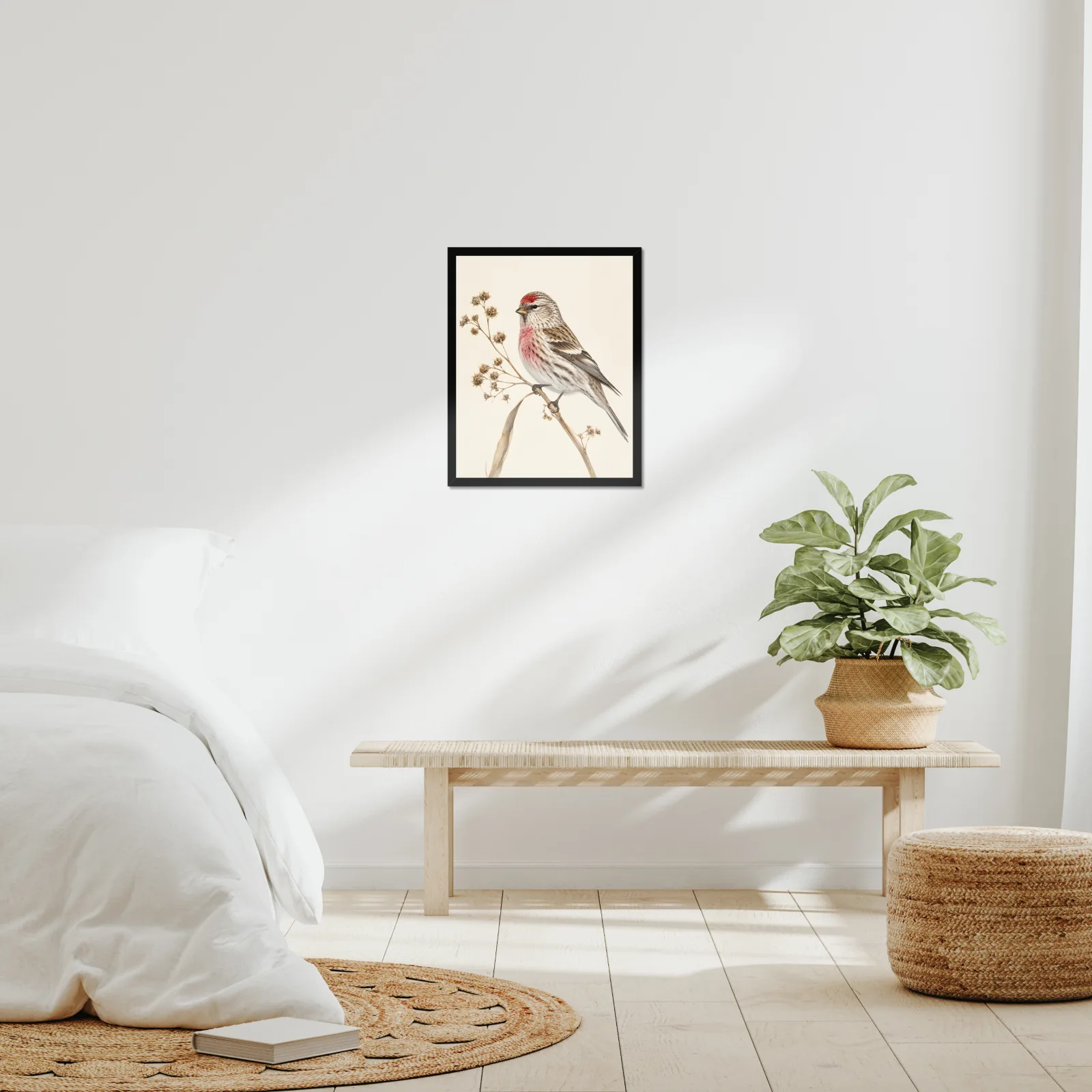 Common Redpoll Print framed at 16x20 inches, shown on a wall to scale