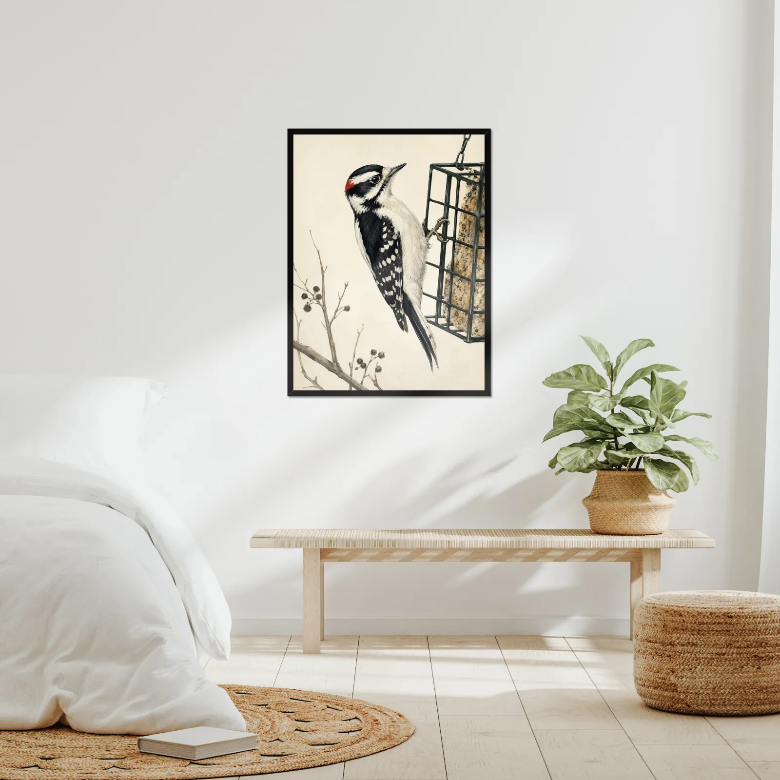 Downy Woodpecker Print framed at 24x30 inches, shown on a wall to scale