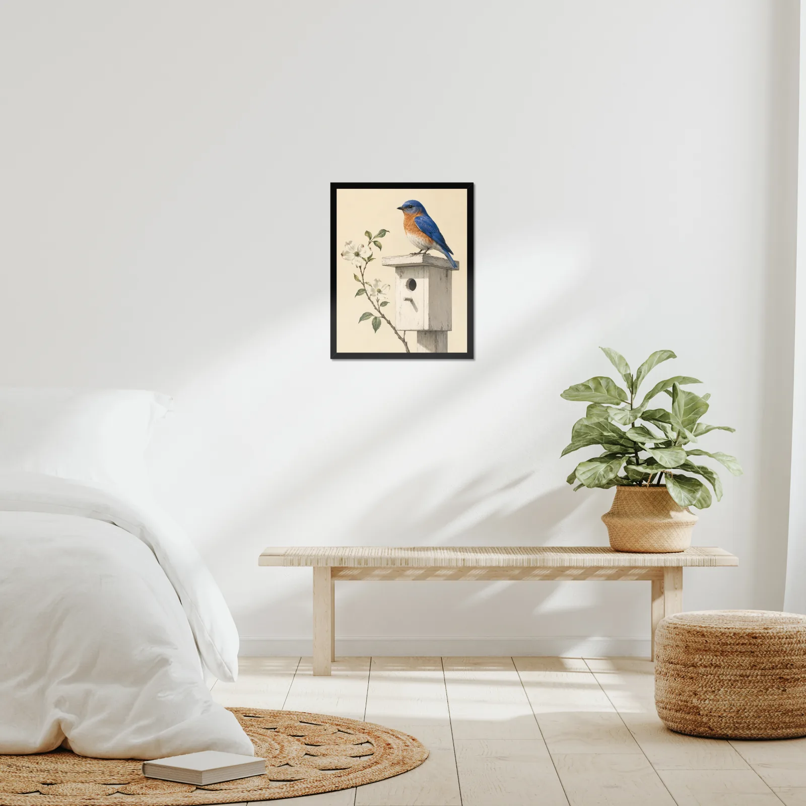 Eastern Bluebird Print framed at 16x20 inches, shown on a wall to scale