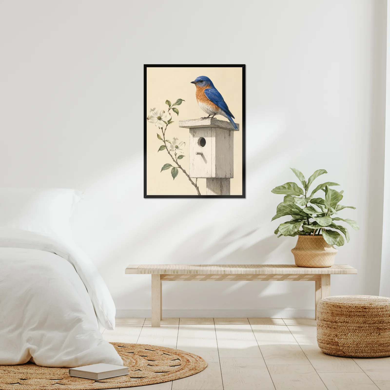 Eastern Bluebird Print framed at 24x30 inches, shown on a wall to scale