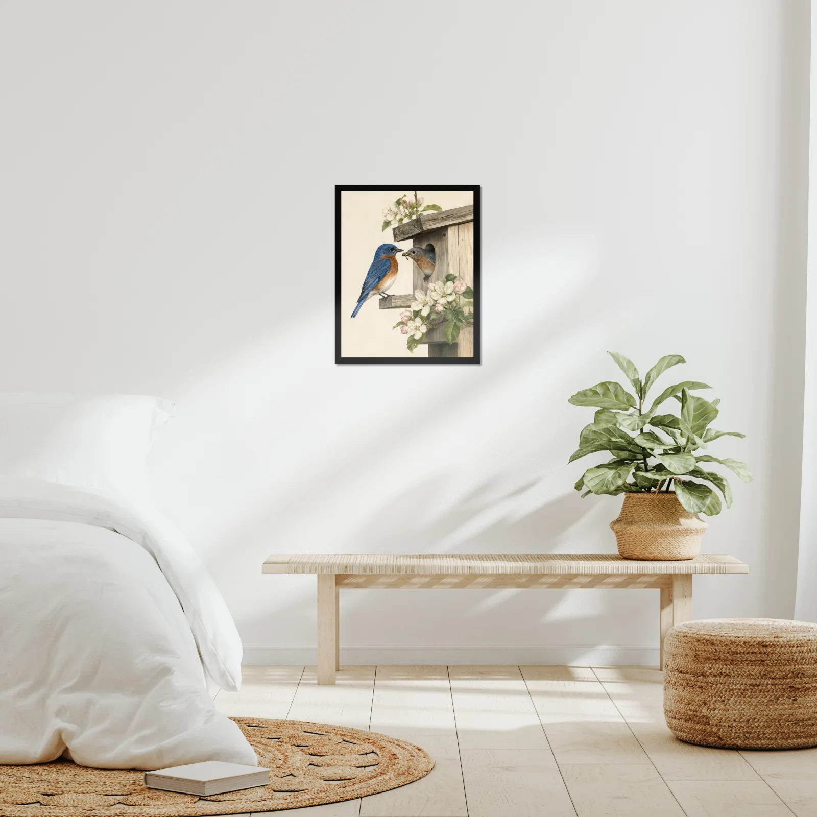 Eastern Bluebird Print - Pair at Nest framed at 16x20 inches, shown on a wall to scale