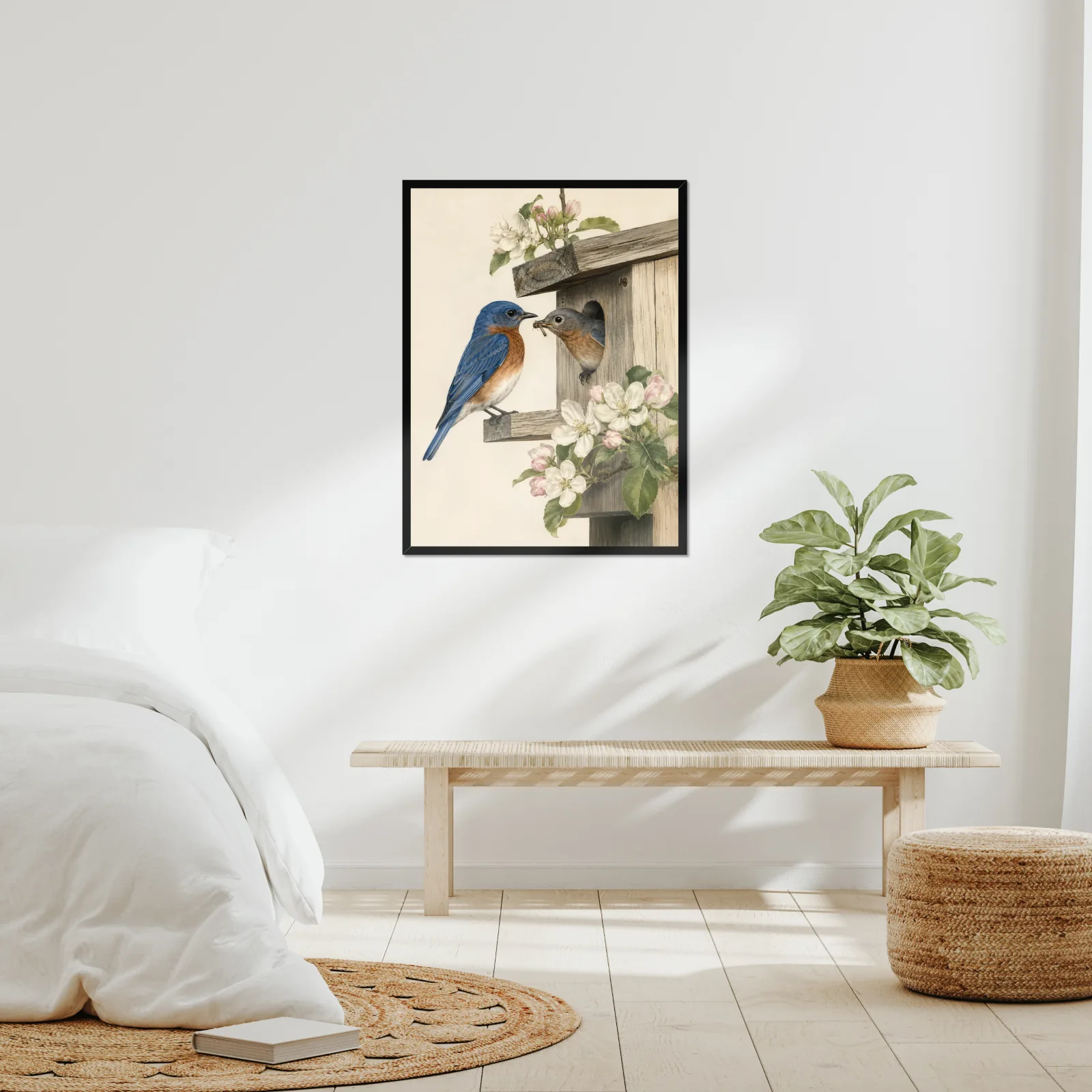 Eastern Bluebird Print - Pair at Nest framed at 24x30 inches, shown on a wall to scale